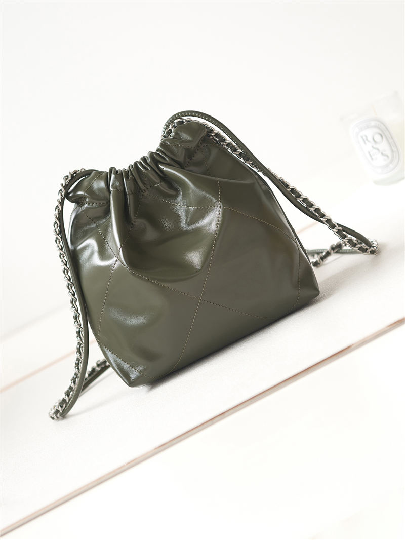 Chanel 22 MINI HANDBAG Shiny Calfskin Olive & Silver-Tone Metal AS3980 A