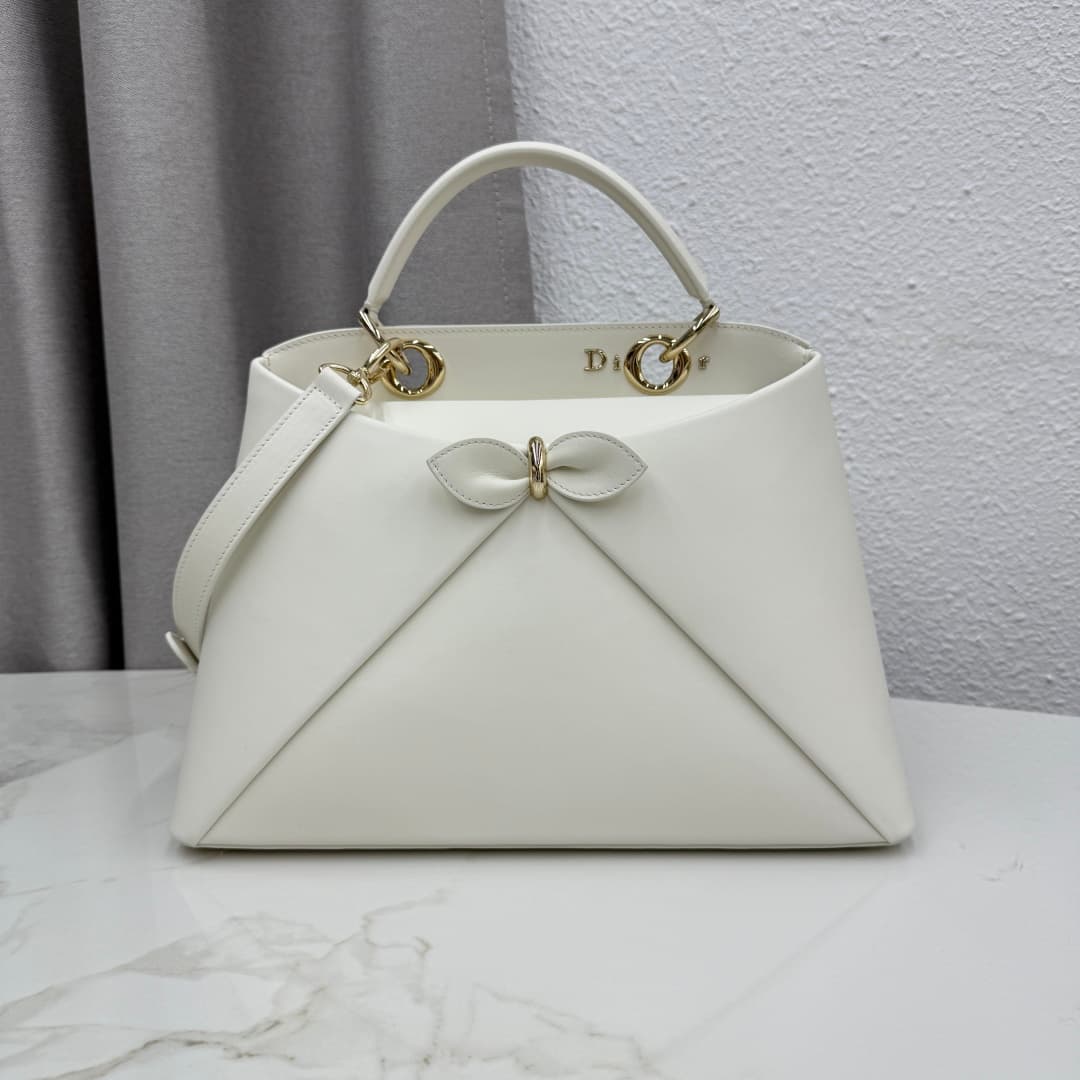Large Dior Cigale Bag White Shiny Supple Calfskin High