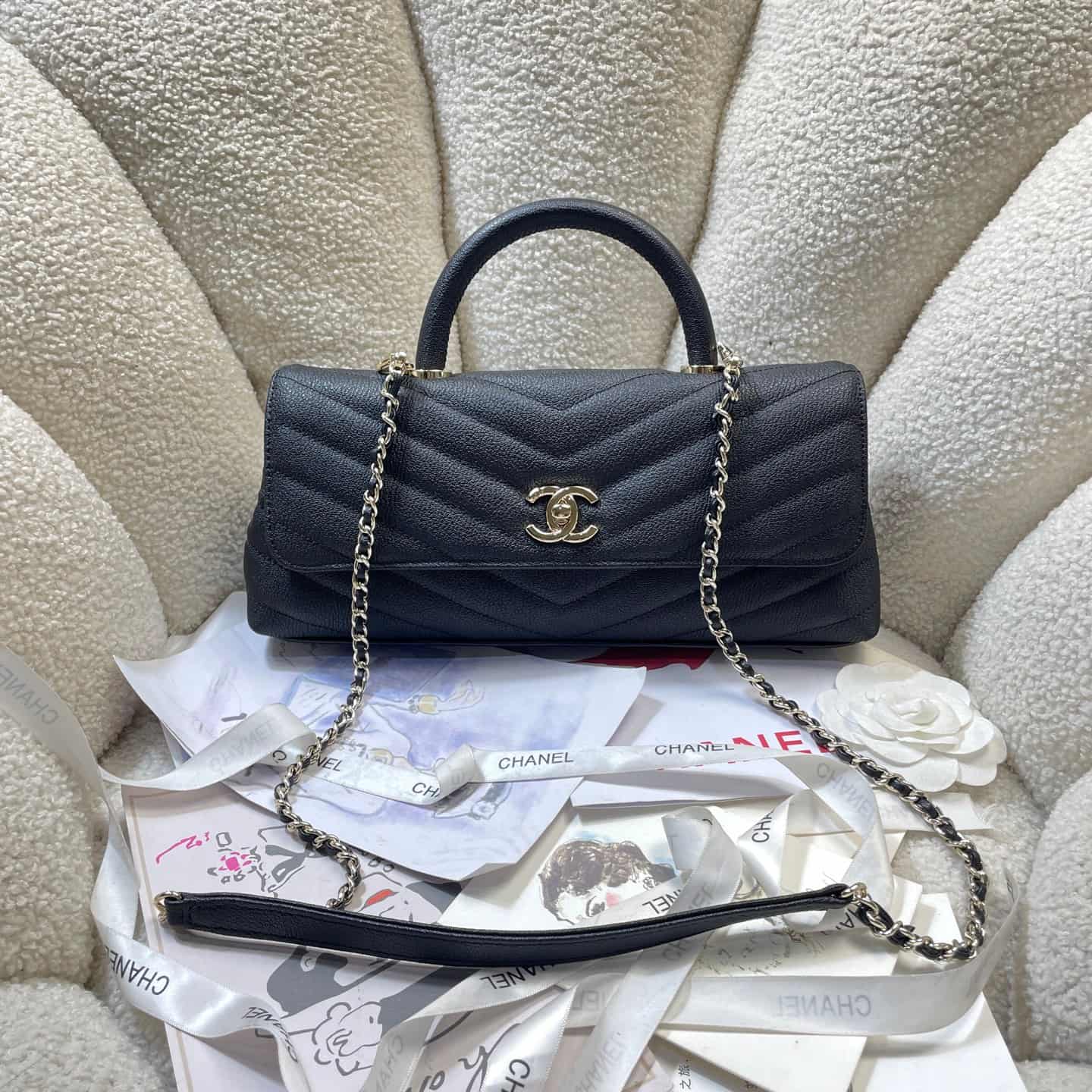 Chanel Maxi Flap Bag with Top Handle Calfskin& Gold-Tone Metal AS6091 Black A