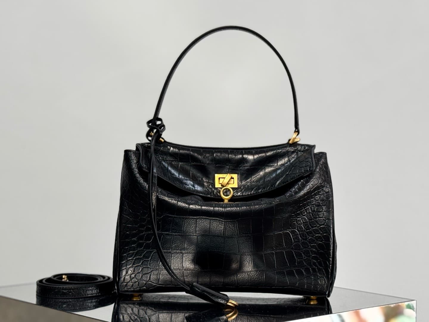 Balenciaga Rodeo Small Bag in Black Crocodile Embossed Calfskin With Gold-Tone Metal TOP