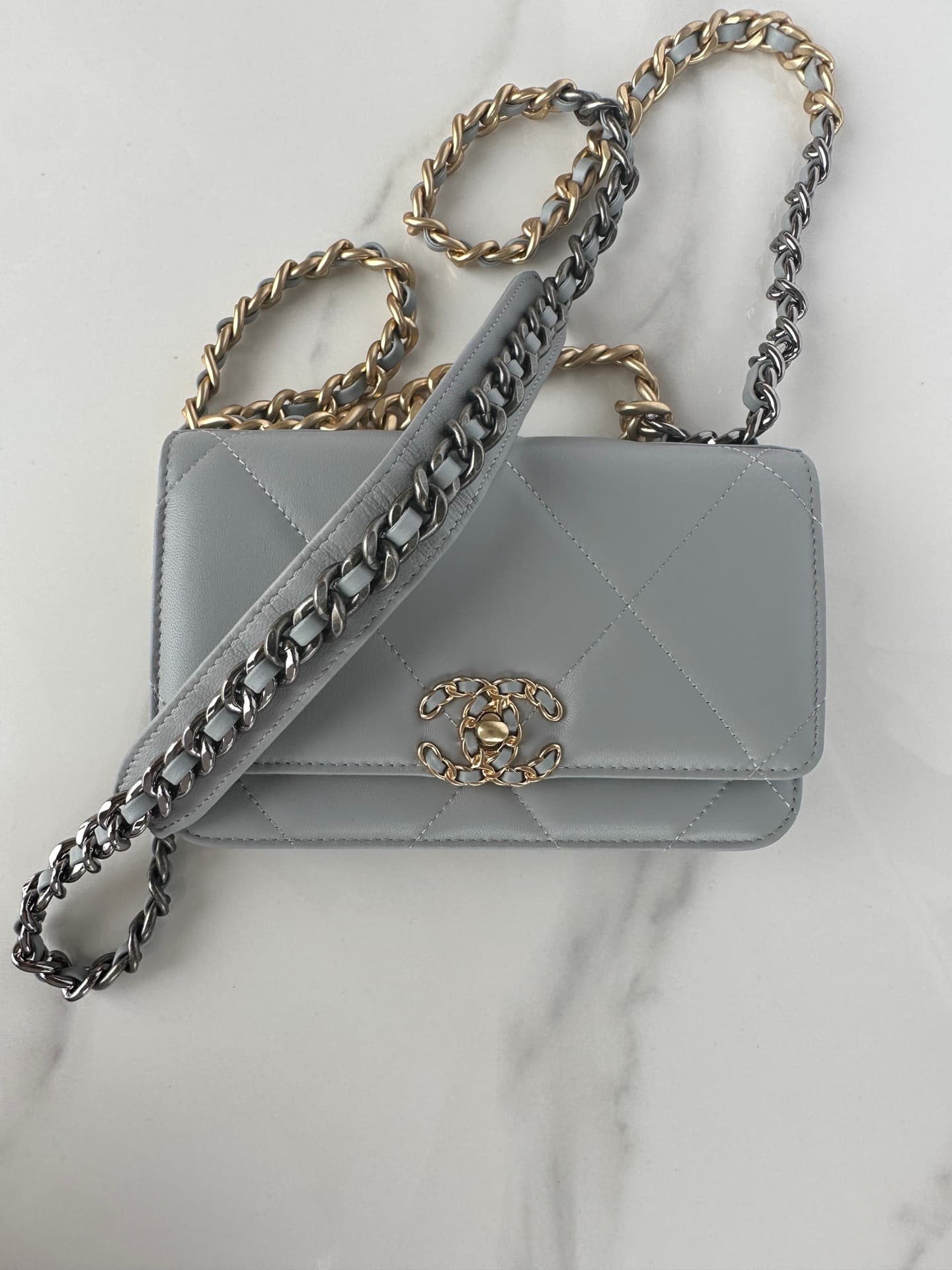 Chanel Wallet on Chain Lambskin Leather & Gold-Tone Metal Grey AP0957 A