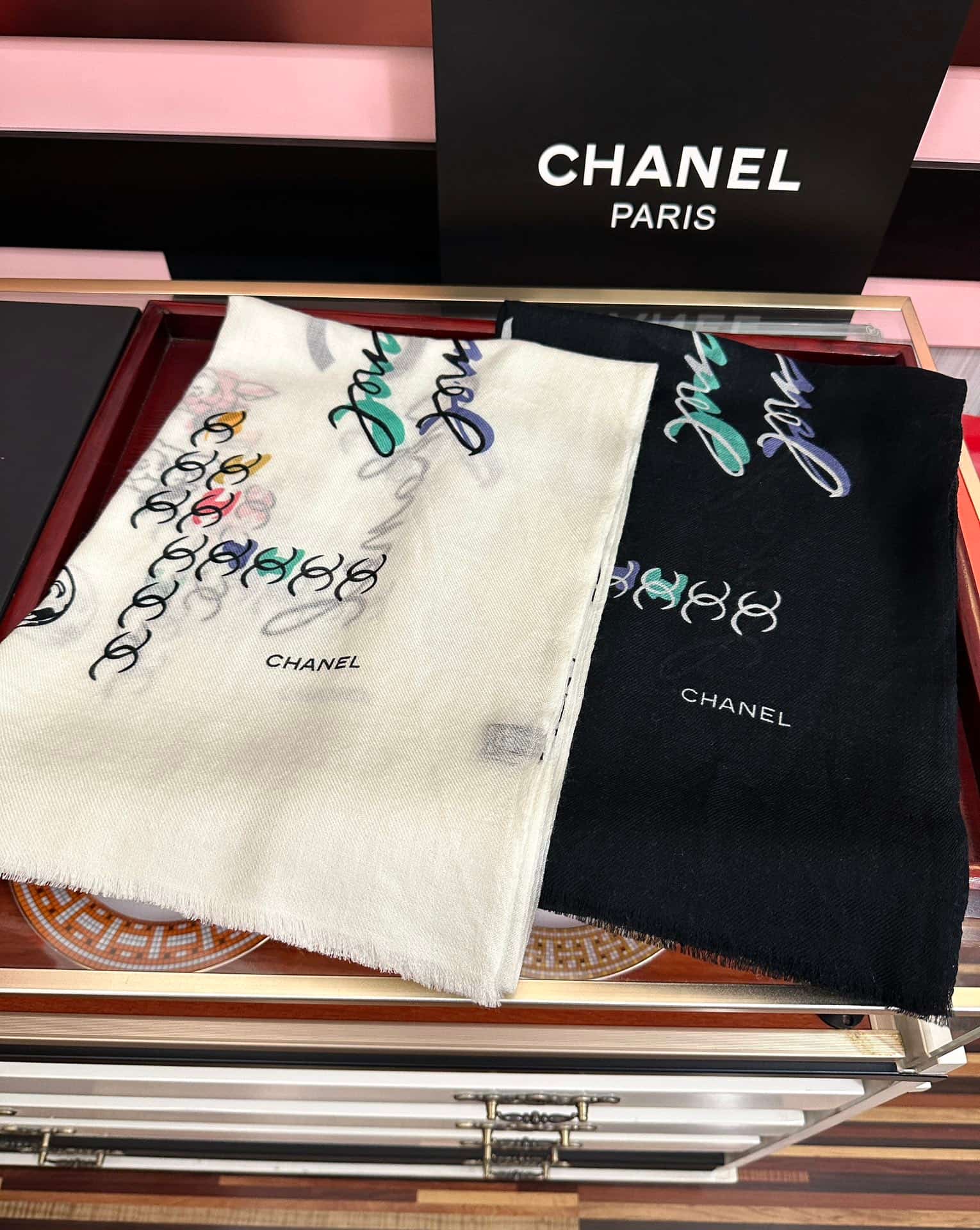 Chanel multicolored Camelia print scarf