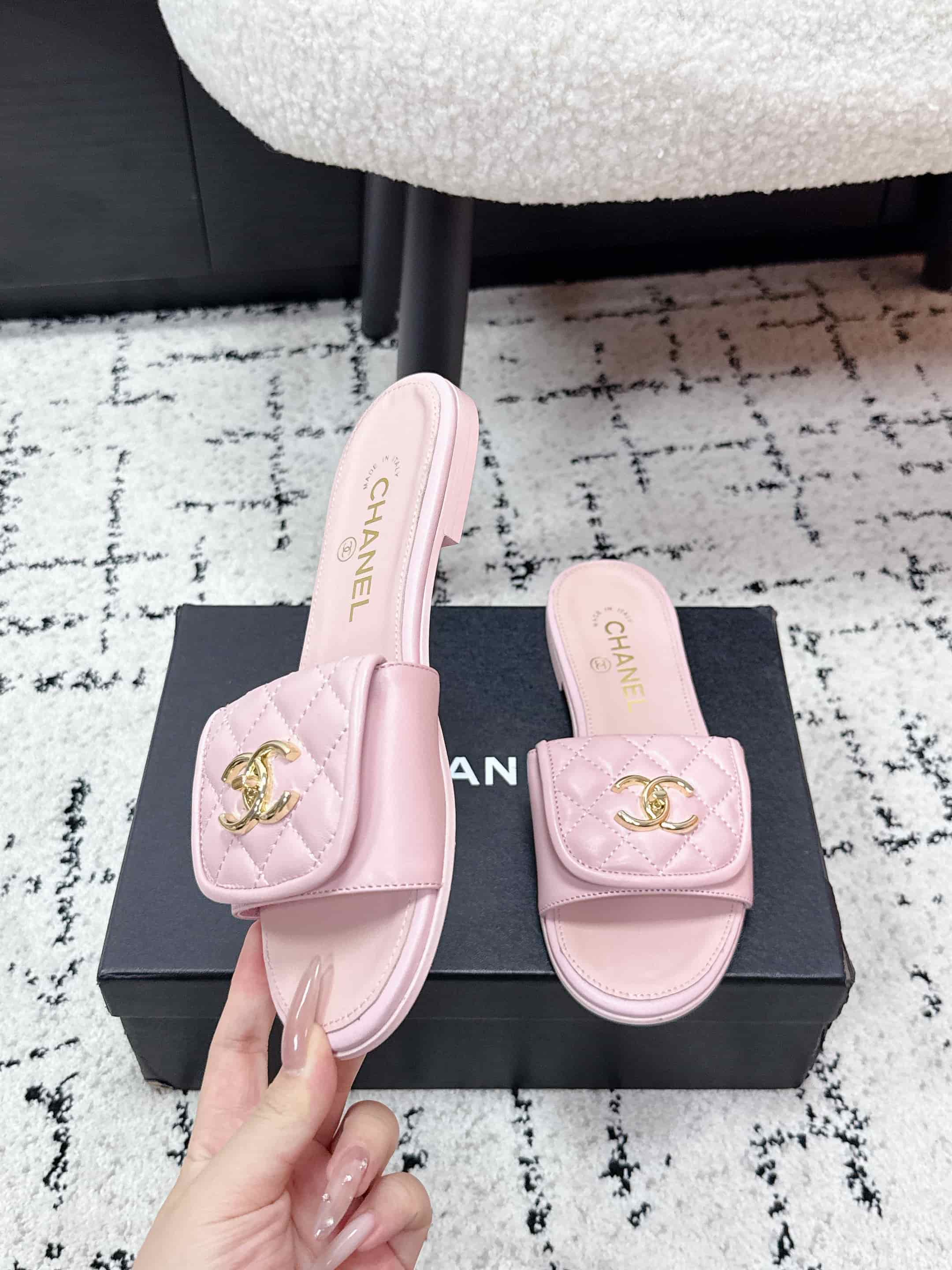 Chanel Pink Turnlock Flat Mules