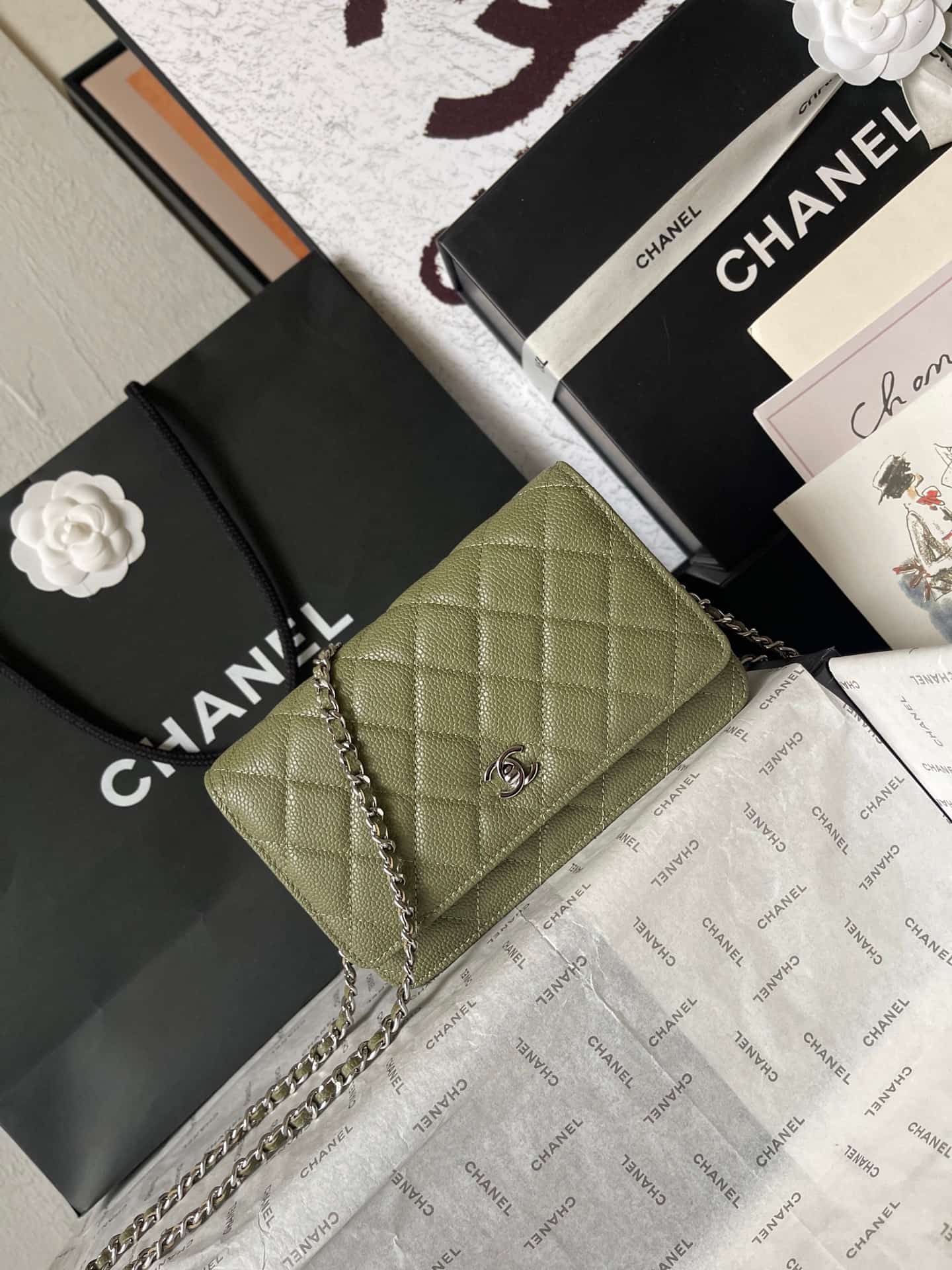Chanel Classic Wallet on Chain Grained Shiny Calfskin & Silver-Tone Metal AP4241 Dark Green A