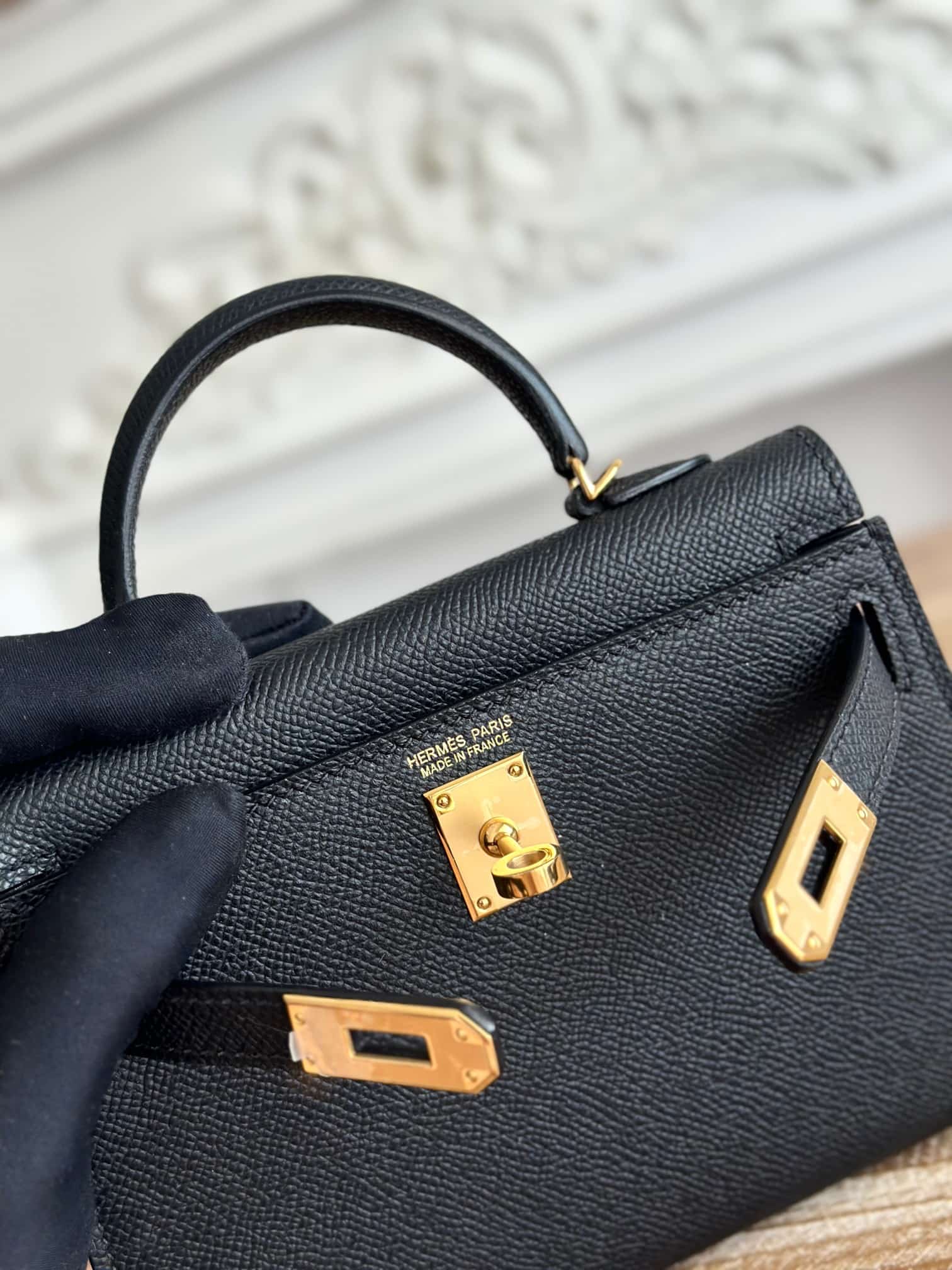 Hermes Kelly Mini II Bag Epsom Leather WAX Silver/Gold Metal Black High