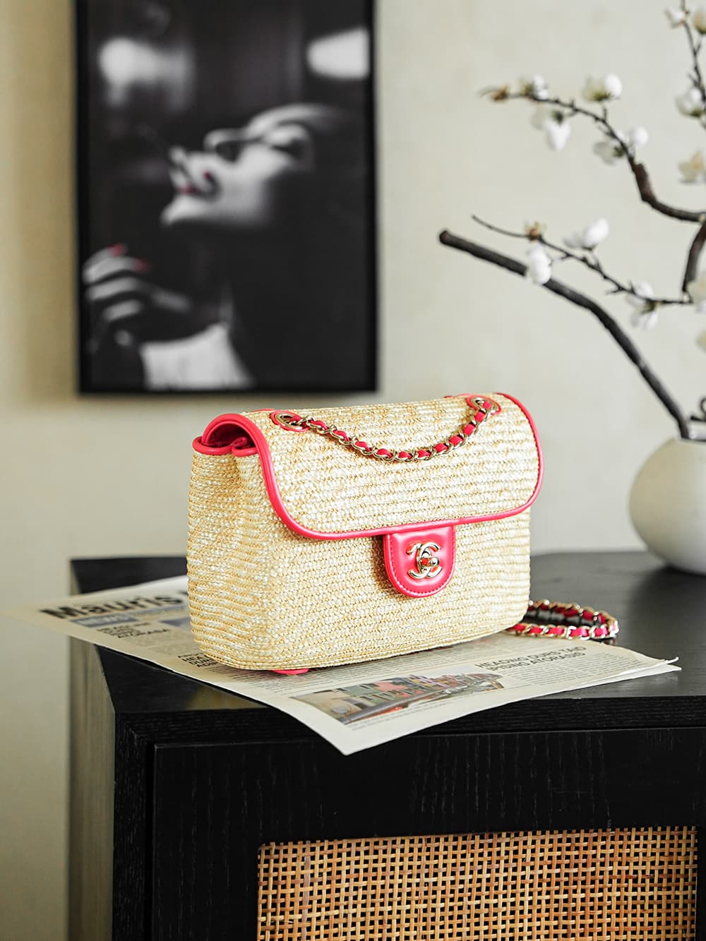Chanel Coco Beach Small Flap Bag Braided Straw Lambskin & Gold-tone Metal AS6017 A