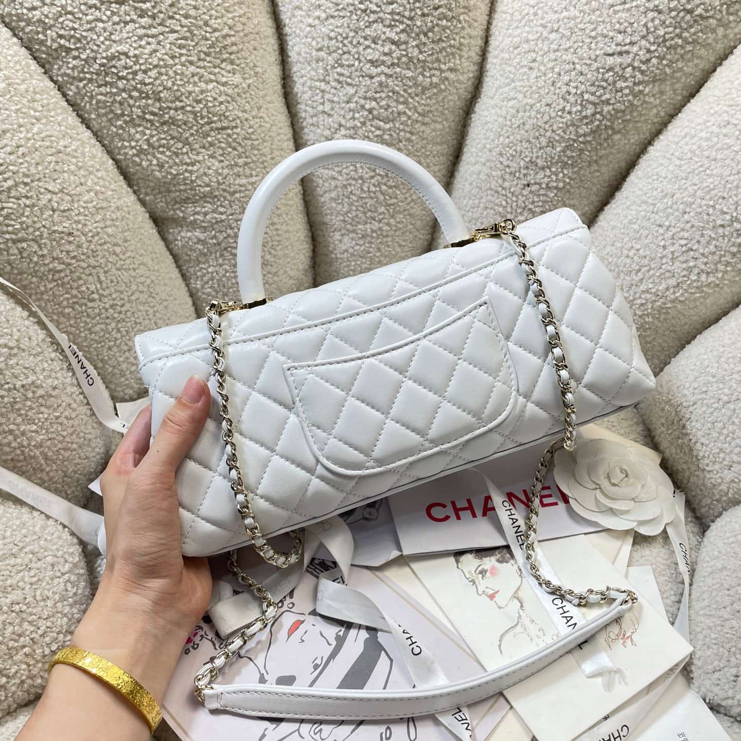 Chanel Maxi Flap Bag with Top Handle Calfskin& Gold-Tone Metal AS6091 White A