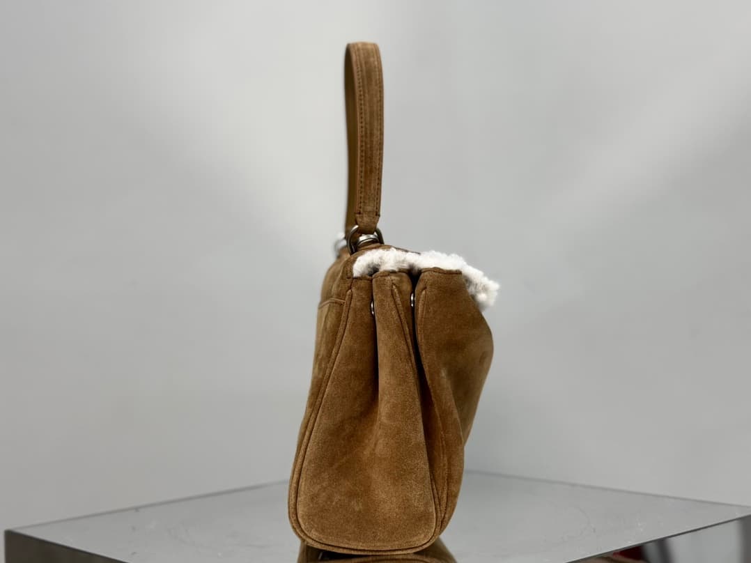 Balenciaga Rodeo Small Bag in Noce Suede Calfskin and White Fleece With Silver-Tone Metal TOP