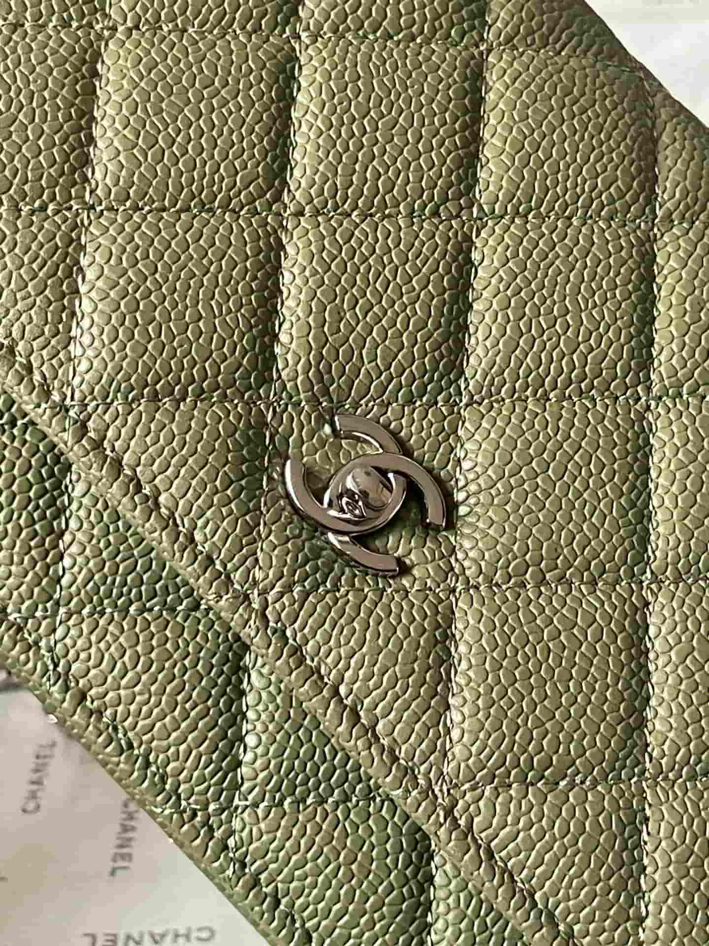 Chanel Classic Wallet on Chain Grained Shiny Calfskin & Silver-Tone Metal AP4241 Dark Green A