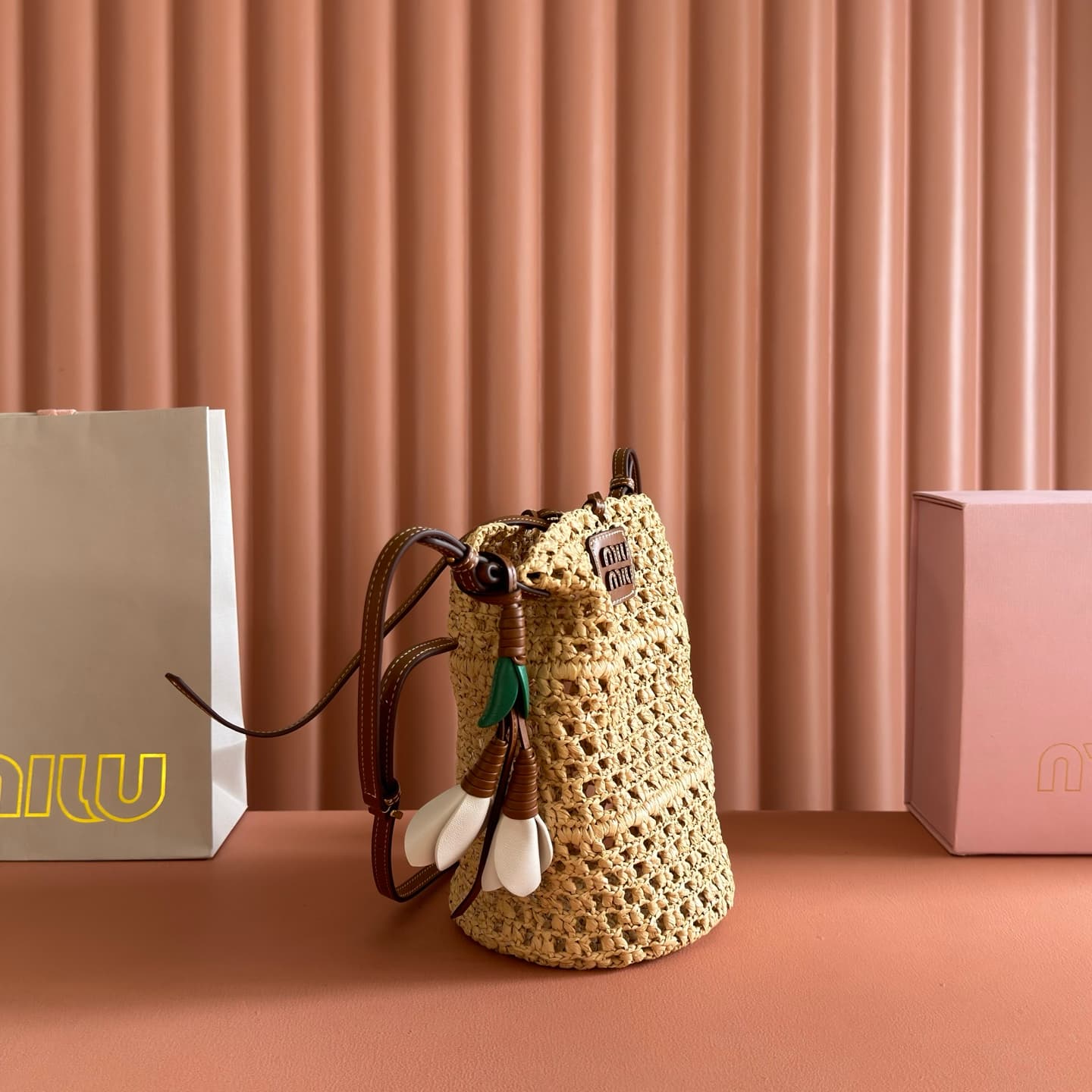 Miu Miu Raffia Crochet Drawstring Pouch 5BE104 TOP