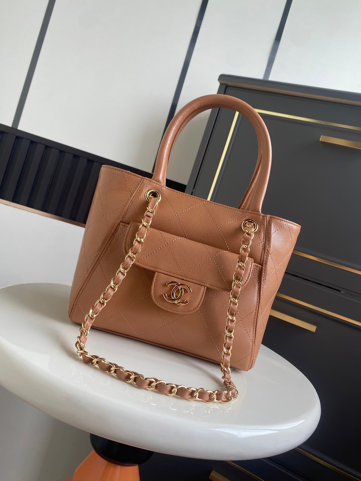 Chanel Tote Bag Grained Calfskin&Gold-Tone Metal Brown AS6025 High