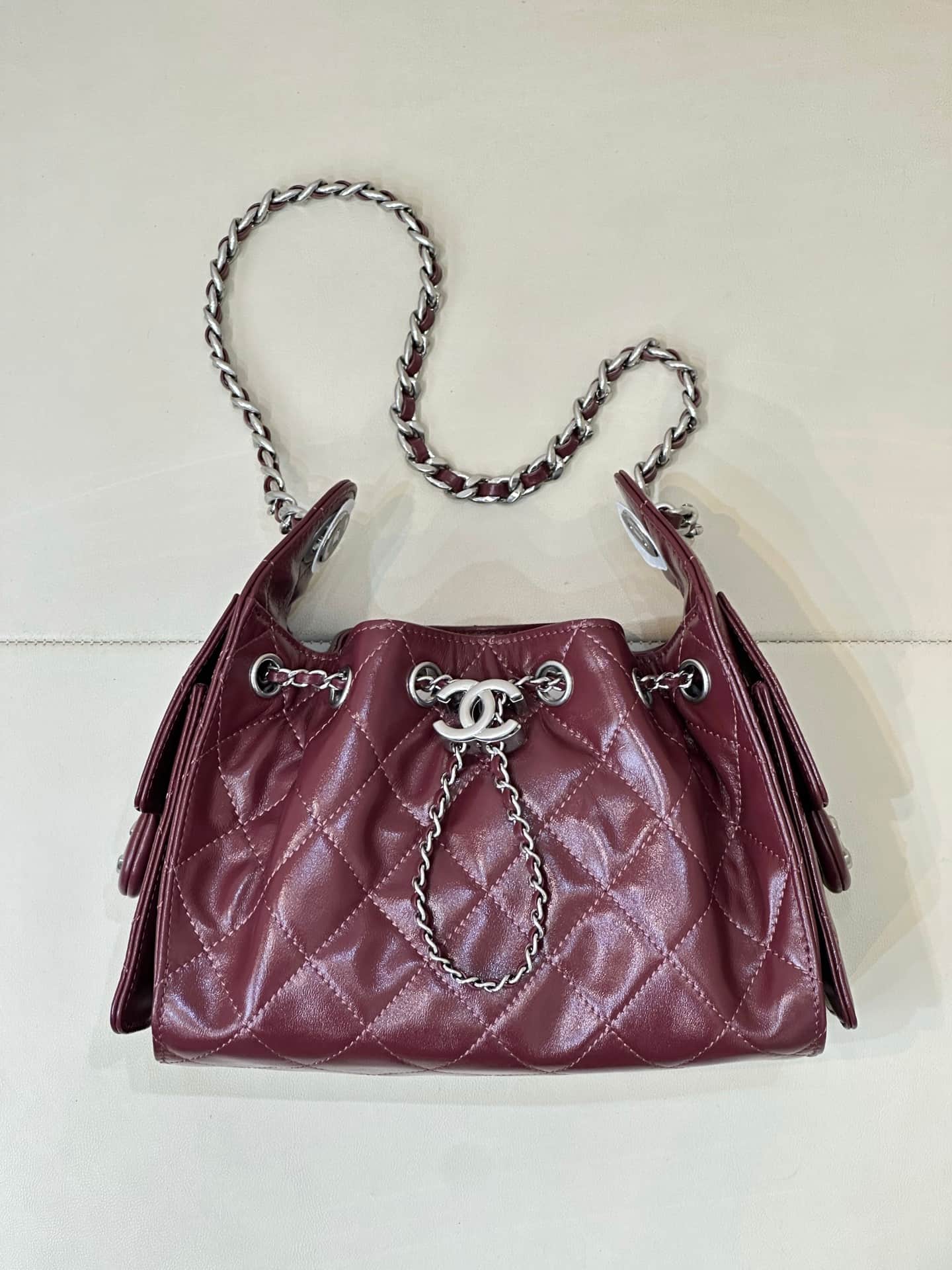 CHANEL 25 Mini Handbag AS5631 Shiny Calfskin & Silver-tone Metal Burgundy TOP