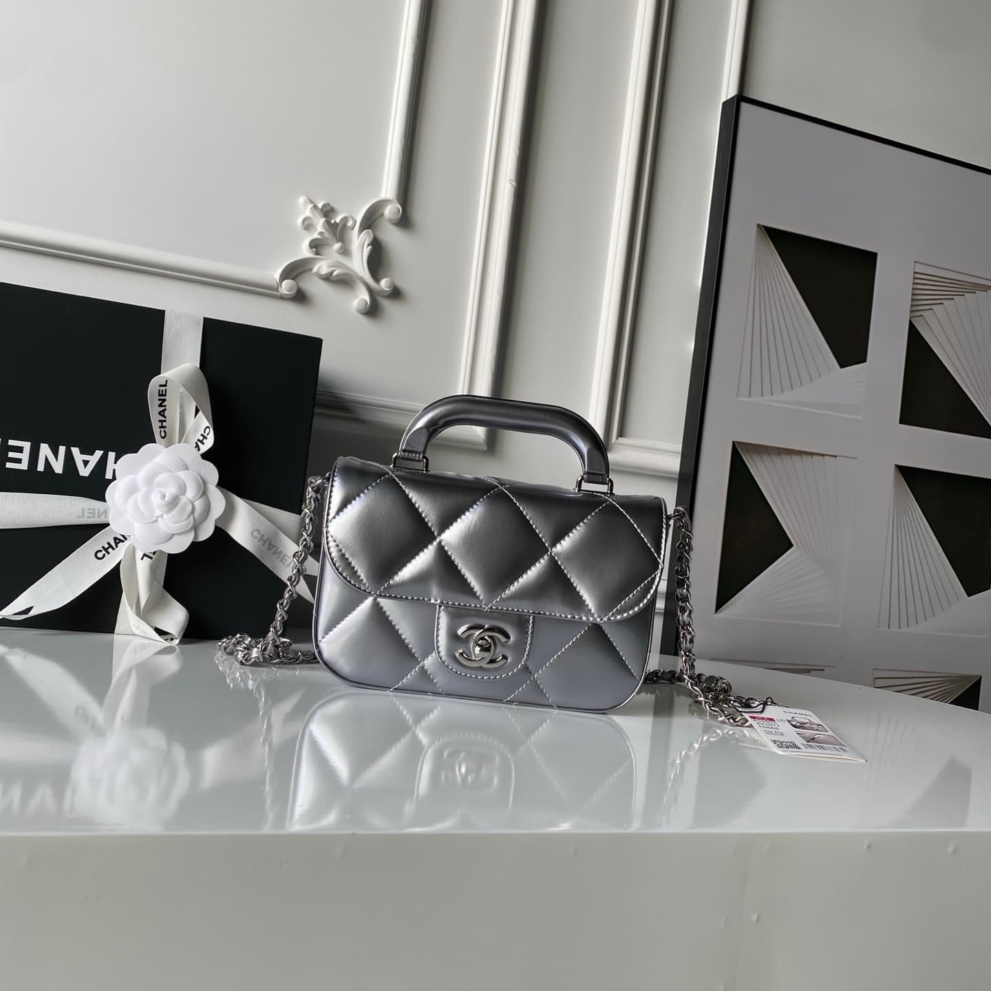 Chanel Mini Flap Bag with Top Handle Calfskin& Silver-tone Metal Silver AS5805 A