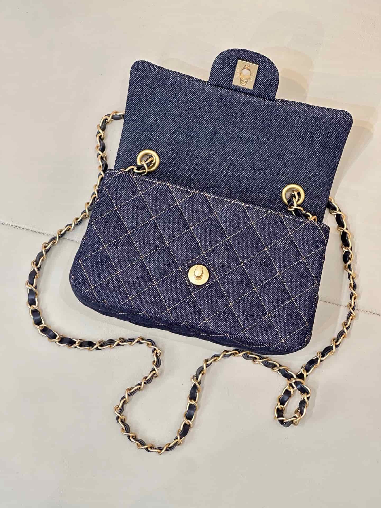 CHANEL Mini Classic Handbag Denim &Gold-tone Metal A69900 Dark Blue TOP