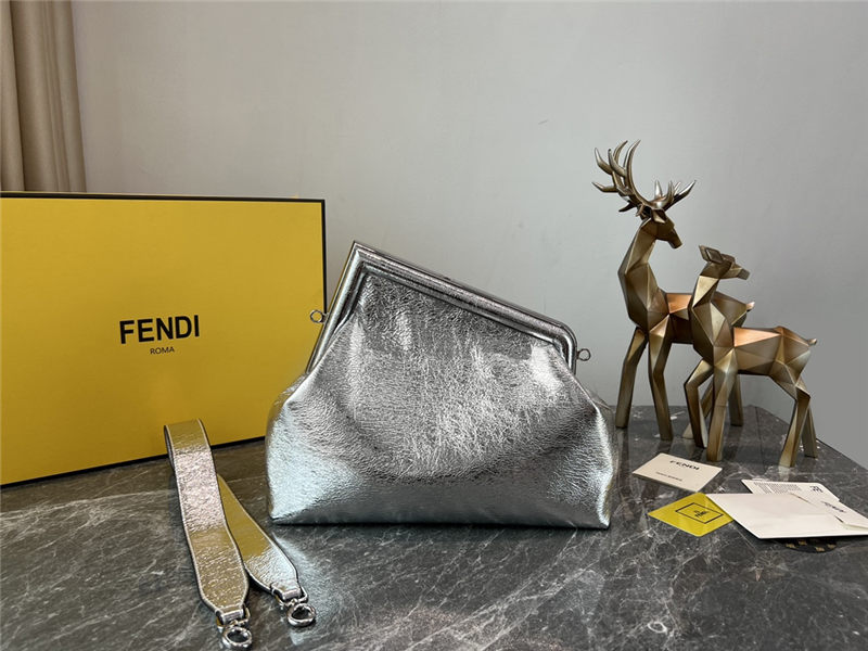Fendi First Medium Leather Bag Silver wrinkle High