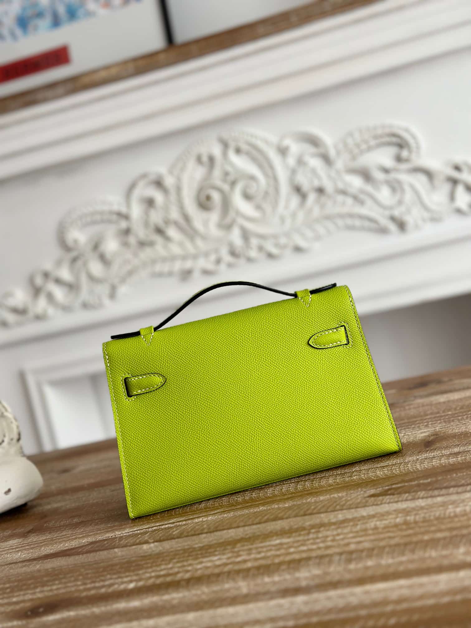 Hermes Kelly Pochette Bag Epsom Leather Silver/Gold Metal Kiwi WAX High