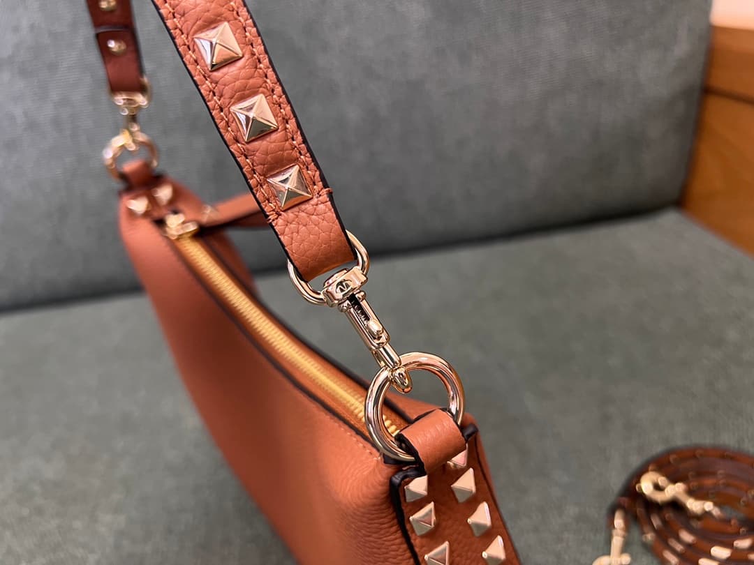 Valentino Garavani Rockstud Hobo bag in grainy brown calfskin high
