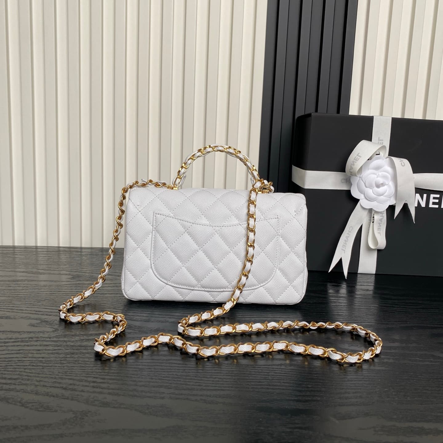 Chanel MIini Flap Bag with Top Handle Grained Shiny Calfskin &  Gold-Tone Metal White AS5702 A