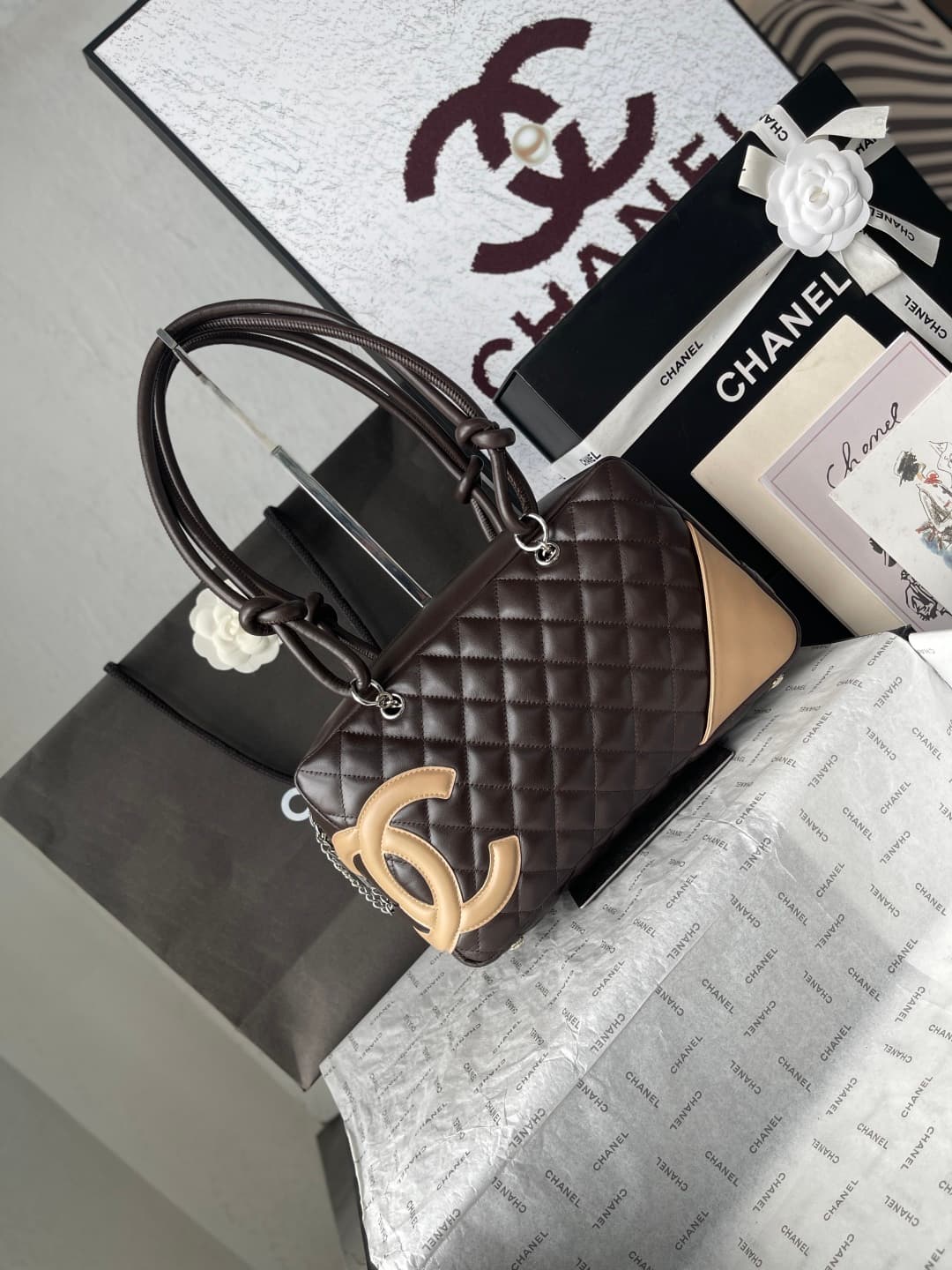 Chanel Cambon Ligne Bowler bag Calfskin & Silver-Tone Metal AS25171 Dark Brown High