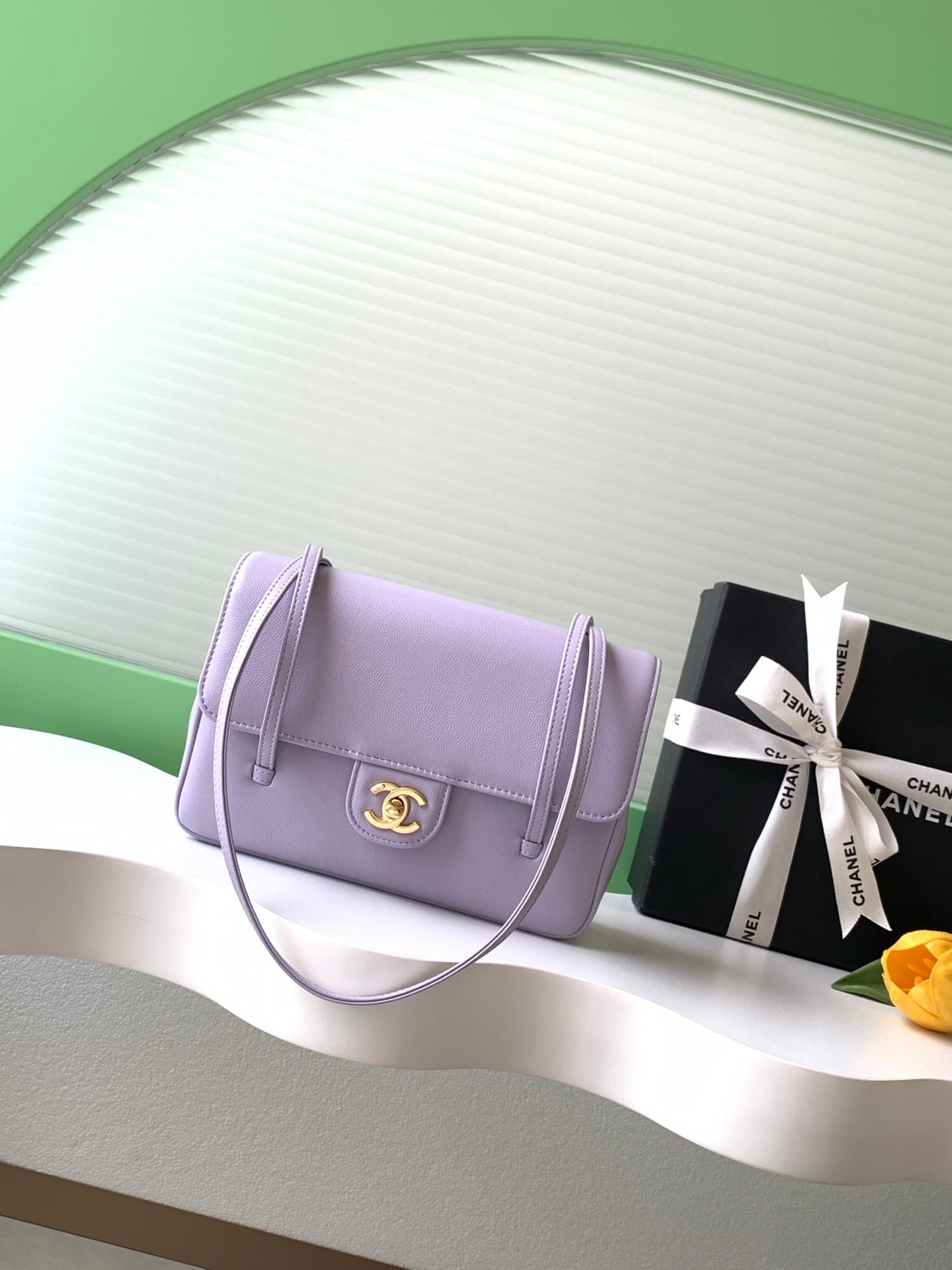 Chanel Small Flap Bag Grained Shiny Calfskin & Gold-Tone Metal AS6130 Light purple High