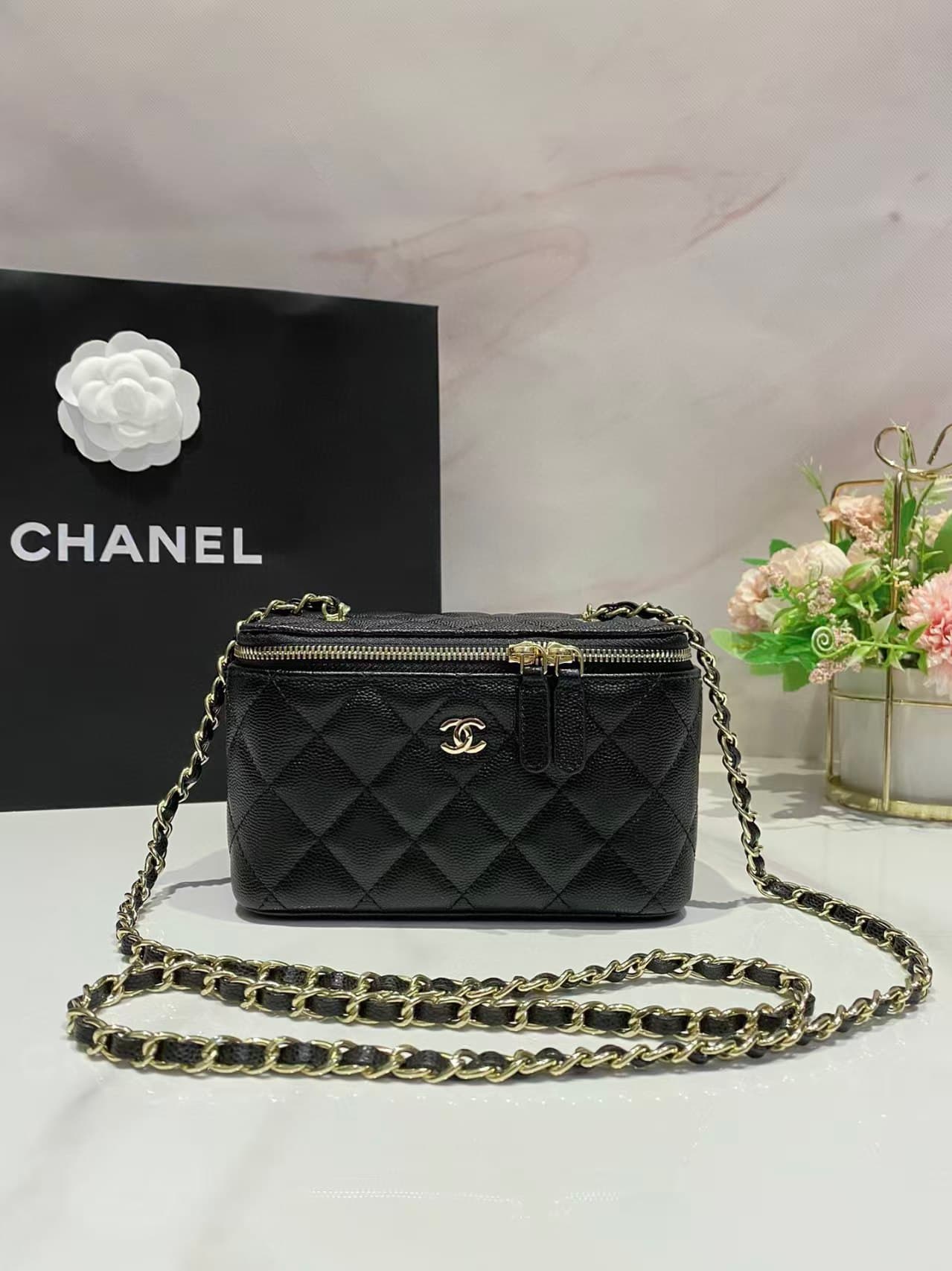 Chanel Vanity with Chain Grained Calfskin Gold Metal Black High