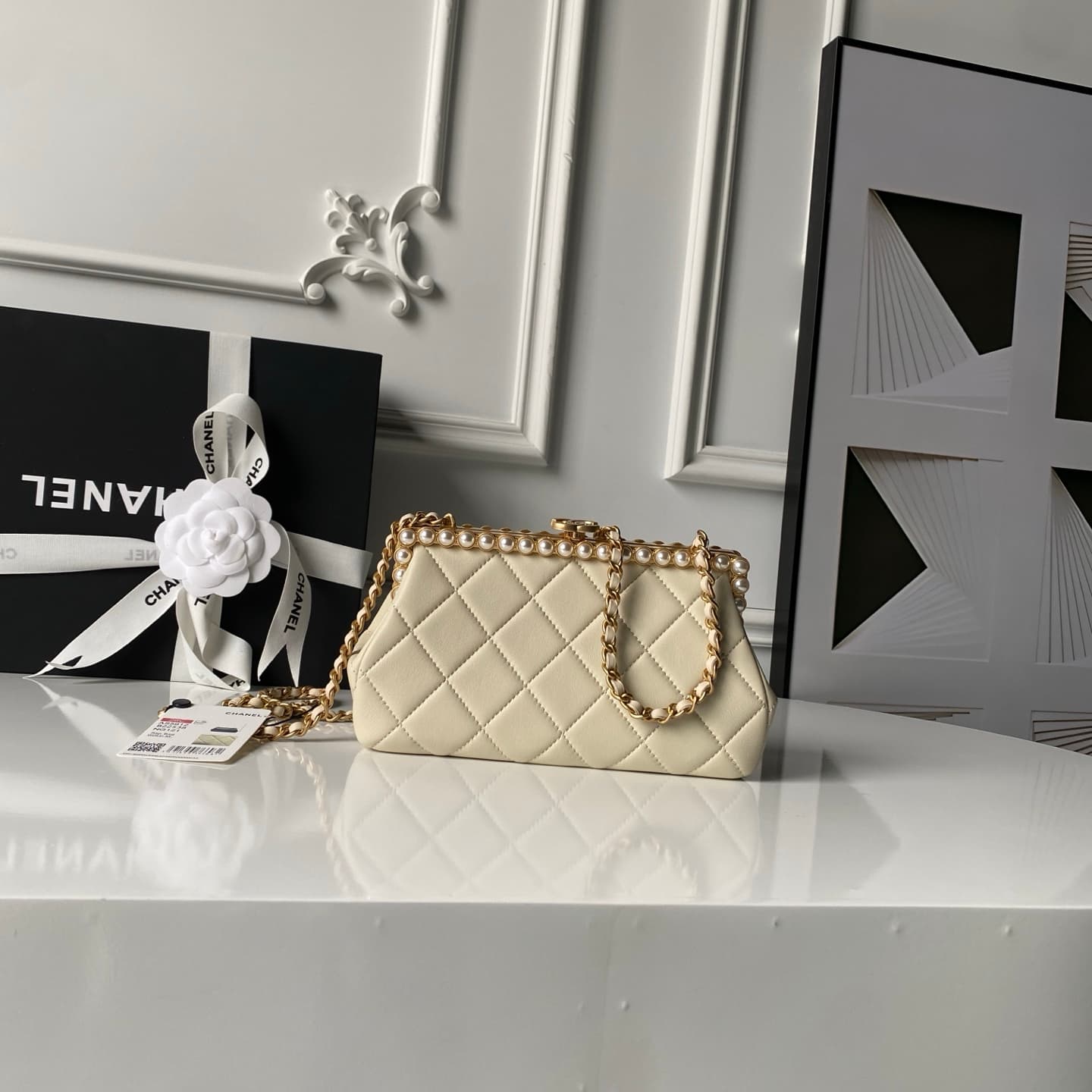 Chanel Pearly Lambskin Imitation Pearls & Gold-Tone Metal Beige AS5912 A