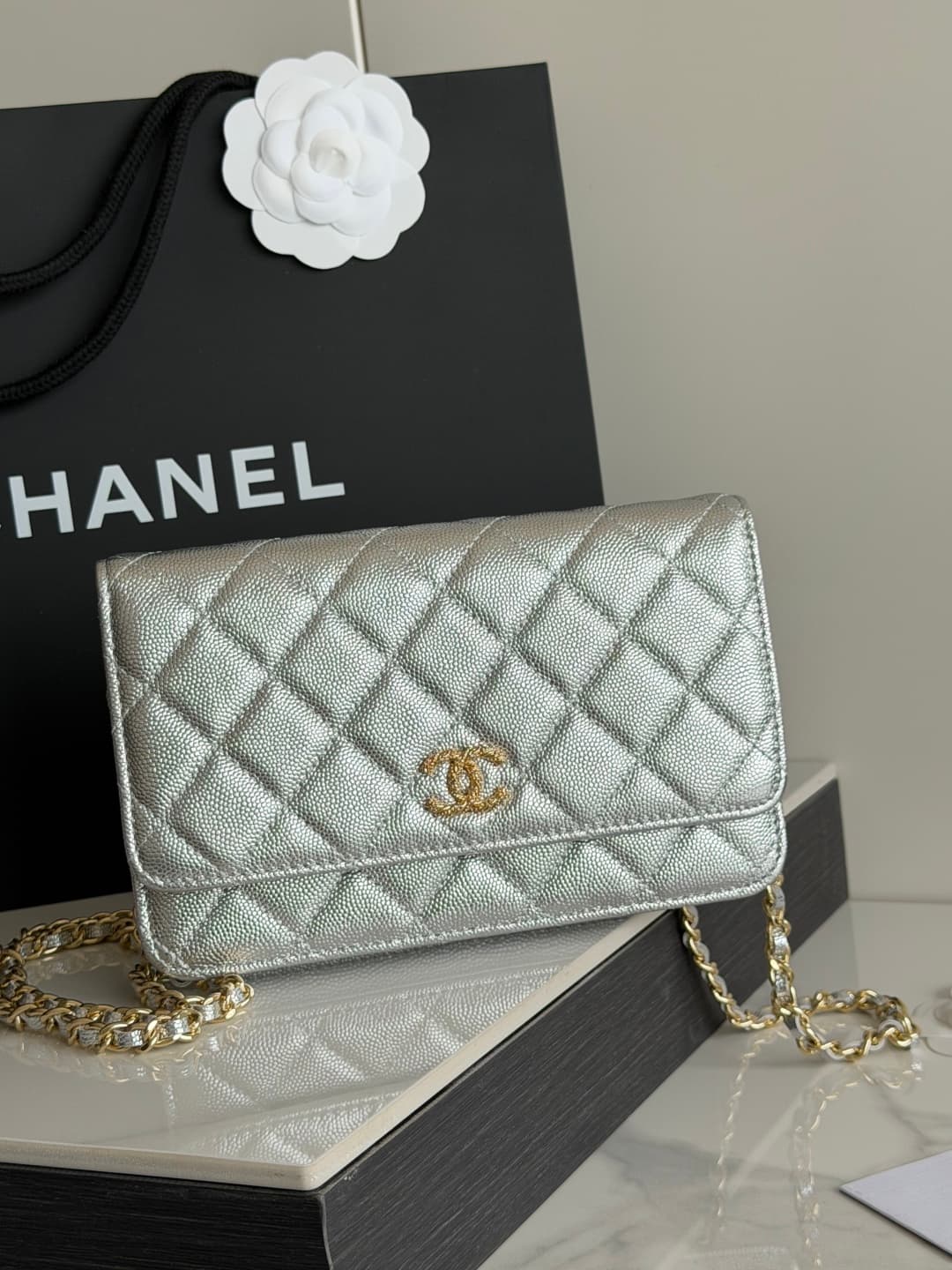 Chanel Wallet on Chain Shiny Grained Calfskin Strass & Gold-Tone Metal Silver AP5073 High