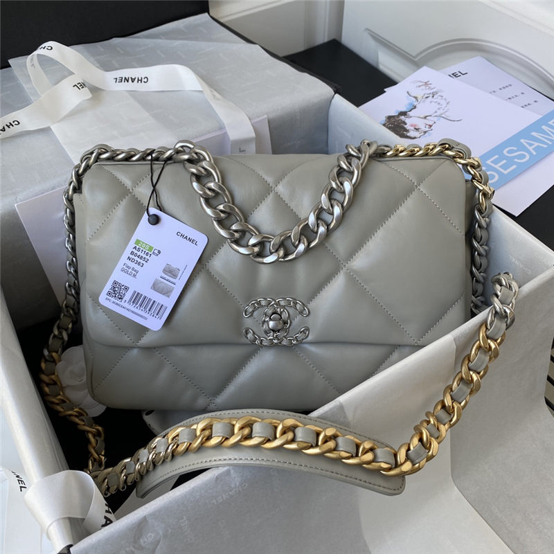 Large Chanel 19 Flap Bag Lambskin Grey Silver High