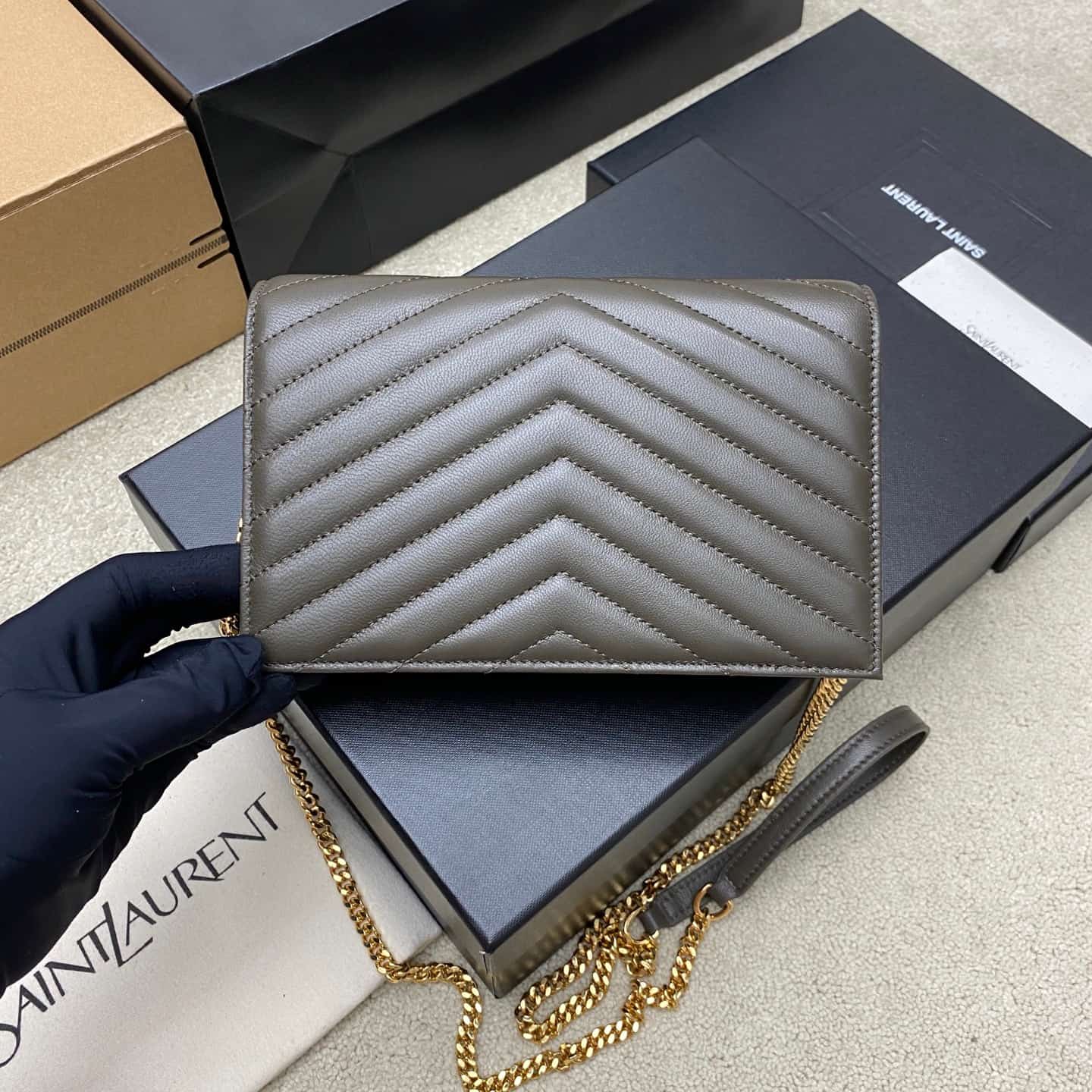 Saint Laurent Monogram Matelassé Cassandre Wallet on Chain Green Lambskin 393953 High