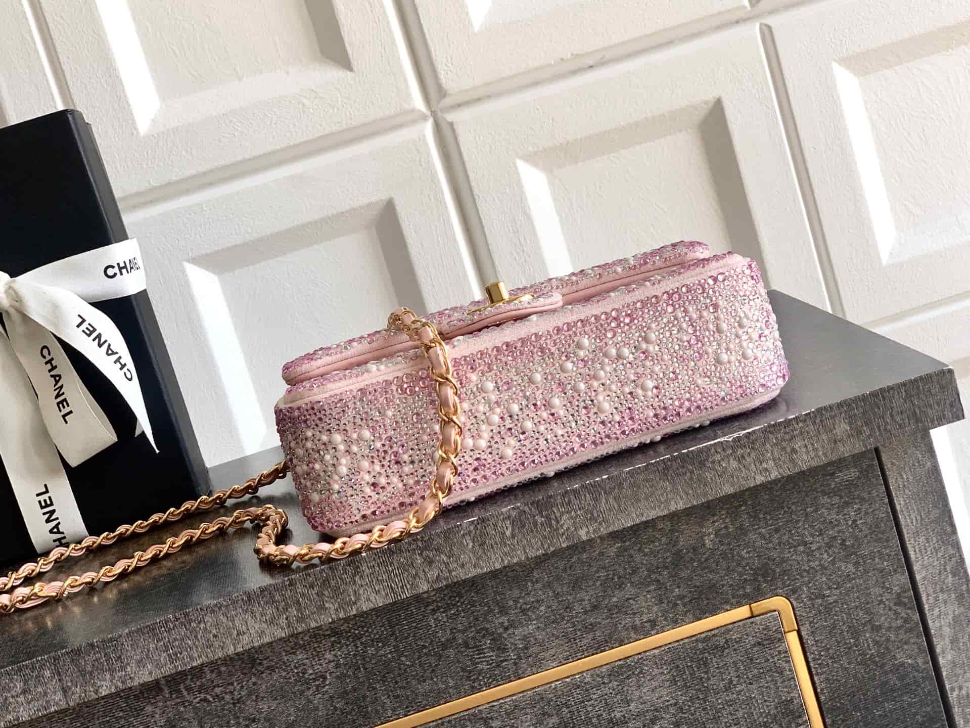 Chanel Classic Mini Flap Bag Strass Imitation Pearls & Gold-Tone Metal  Pink 6171 A