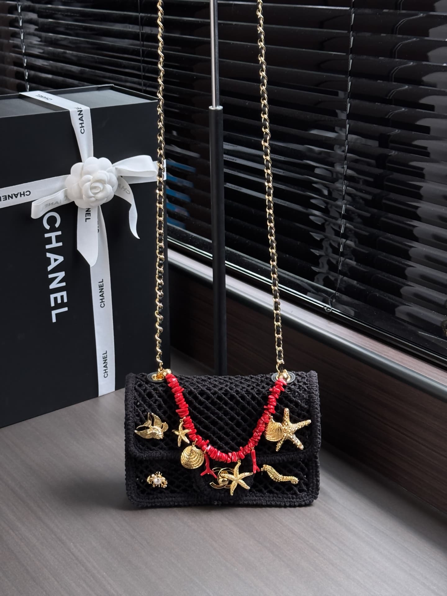 CHANEL Coco Beach Small Flap Bag Mesh, Charms & Gold-Tone Metal AS6156 A