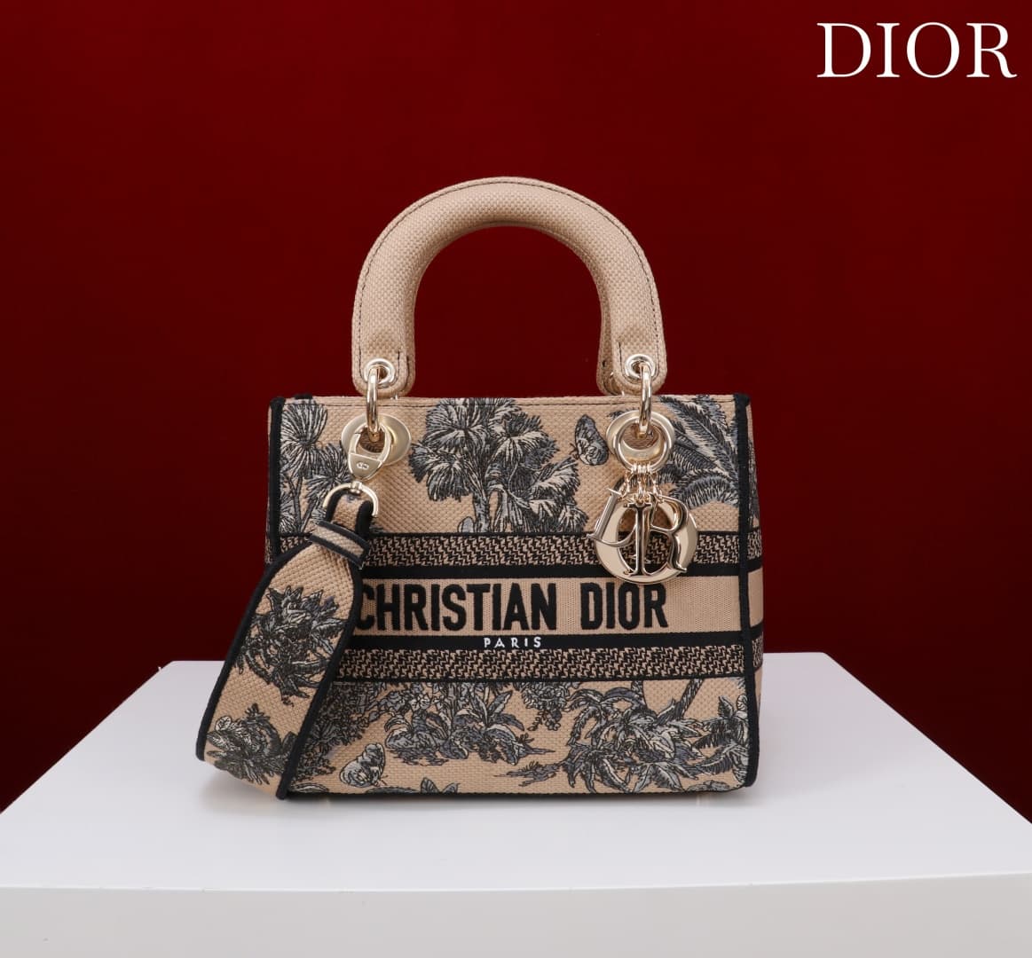 Medium Lady D-Lite Bag Beige and Black Toile de Jouy Palms Embroidery High