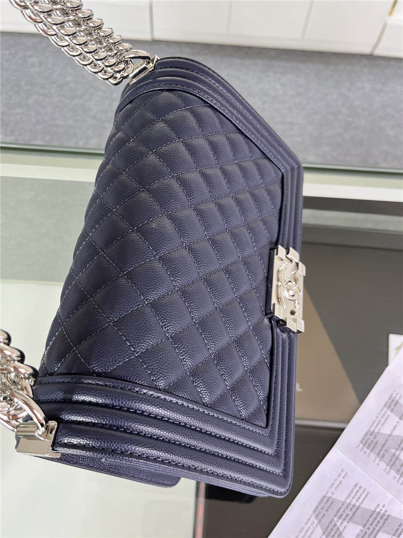 BOY Chanel HANDBAG Grained Calfskin Navy Blue Silver Metal High