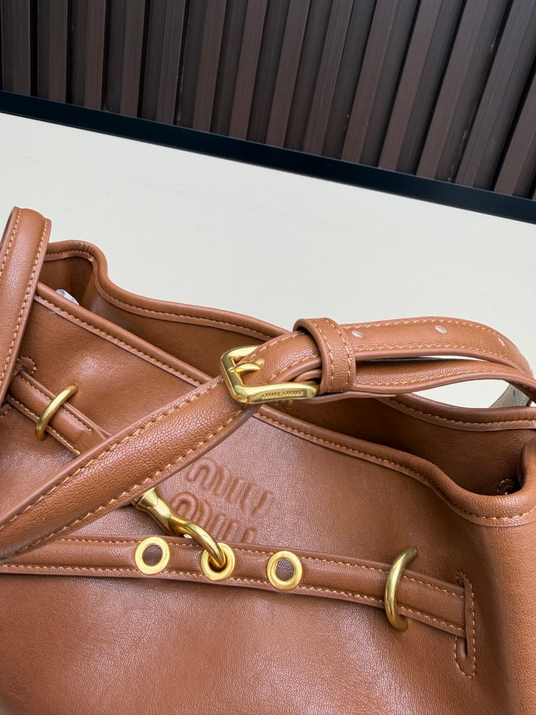 Miu Miu Aventure Calfskin Leather Bucket Bag Brown High
