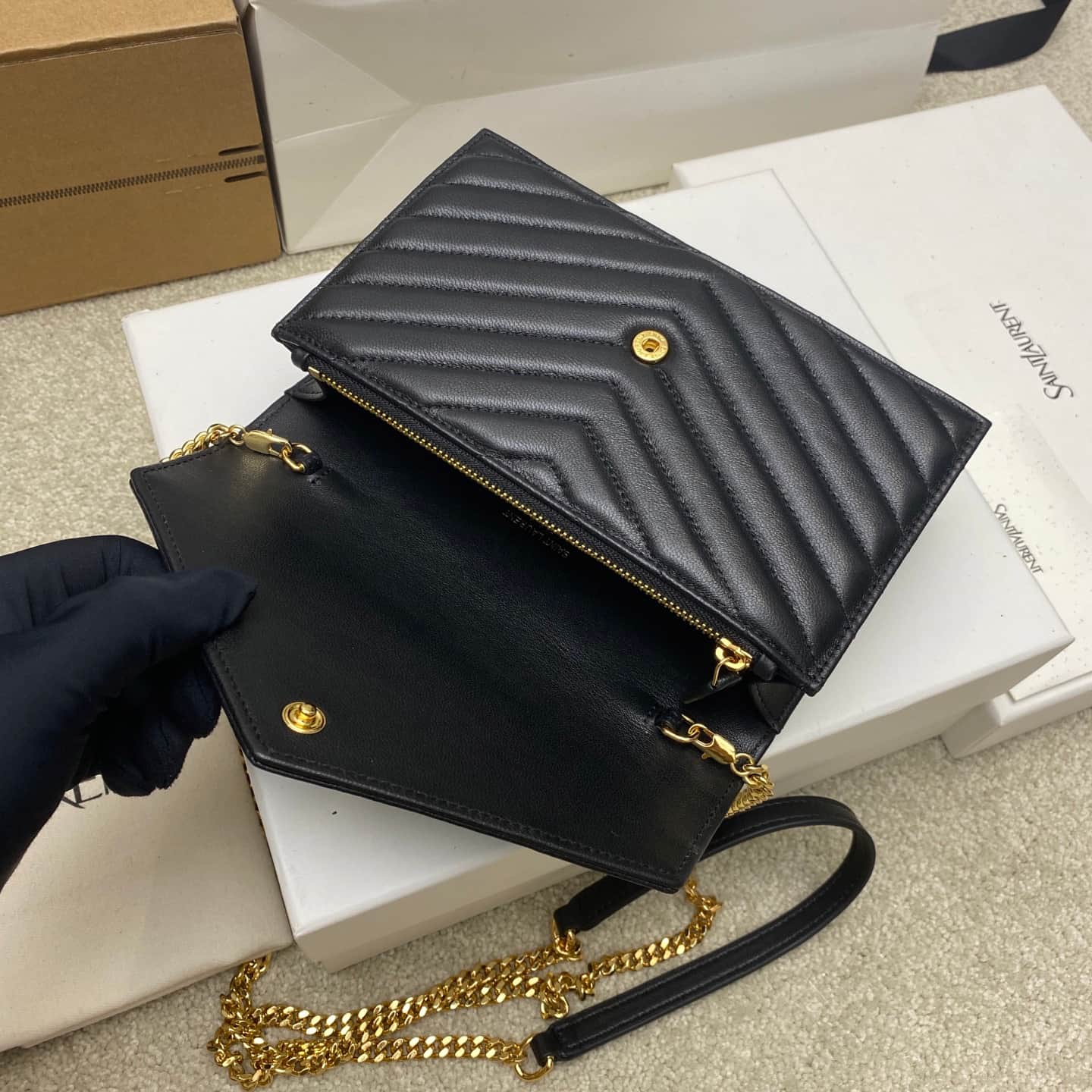 Saint Laurent Monogram Matelassé Cassandre Wallet on Chain Black Lambskin 393953 High