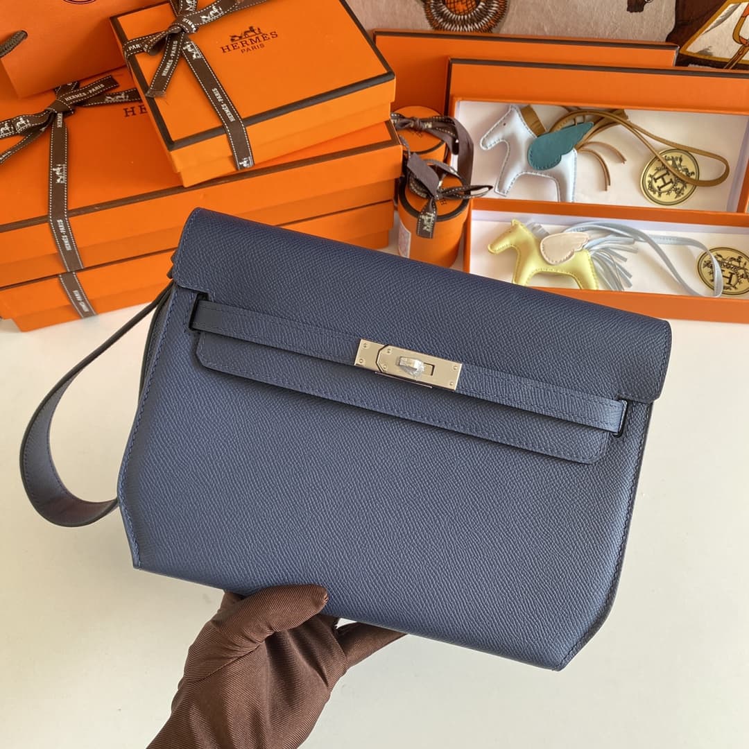 Hermes Kelly Depeches 25 Pouch Epsom Leather Bleu Saphir WAX High