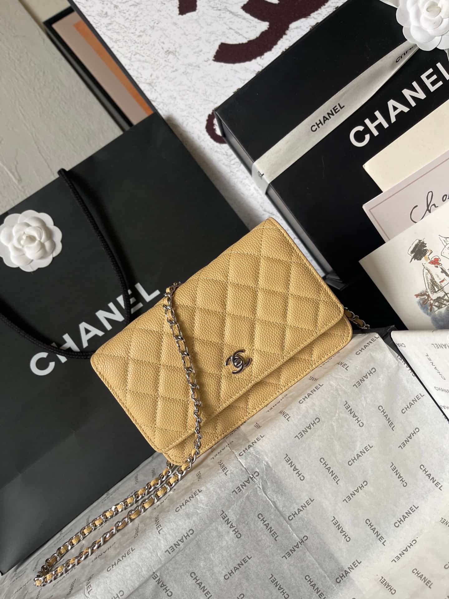 Chanel Classic Wallet on Chain Grained Shiny Calfskin & Silver-Tone Metal AP4241 Beige A