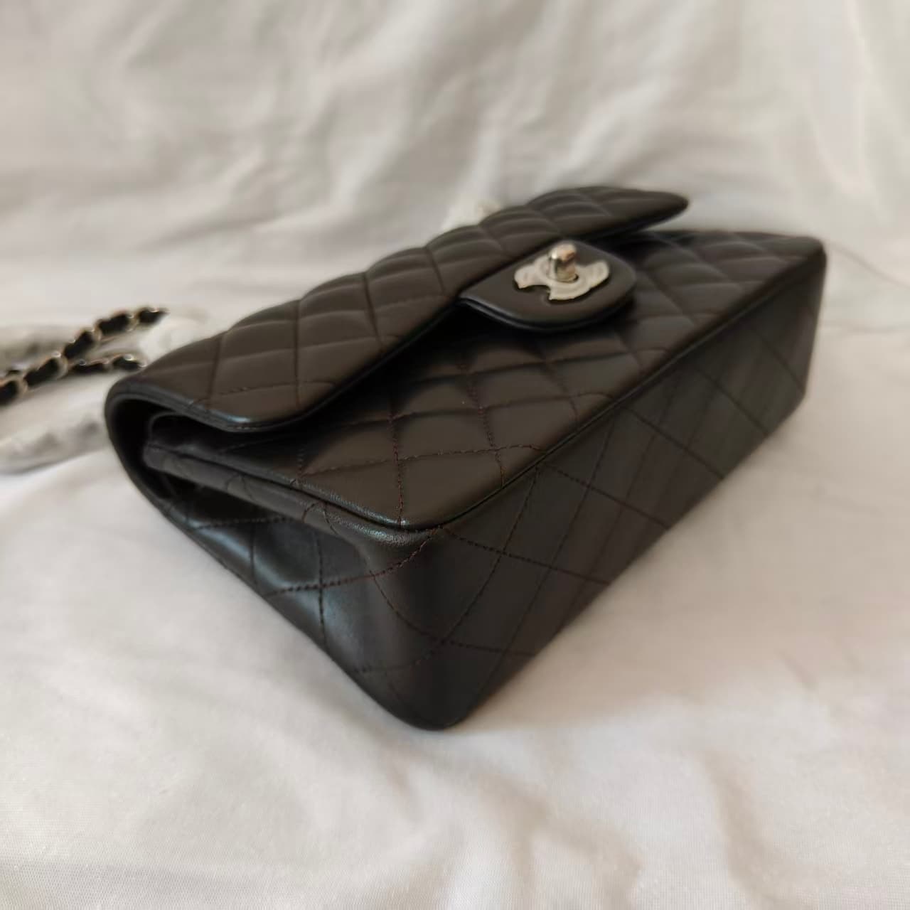 Chanel Small CLASSIC HANDBAG Lambskin Silver Metal Deep Brown A