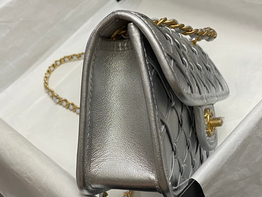 Chanel Mini Flap Bag Metallized Braided Calfskin & Gold-Tone Metal  Silver AS4797 High