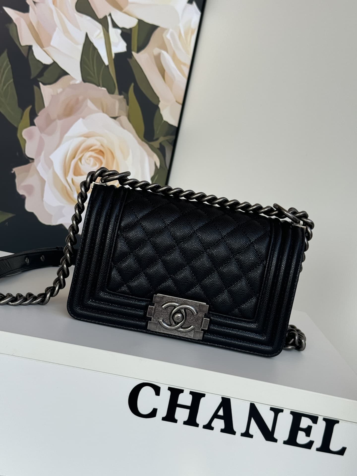 SMALL BOY Chanel HANDBAG Grained Calfskin Black Anti-Silver Metal High