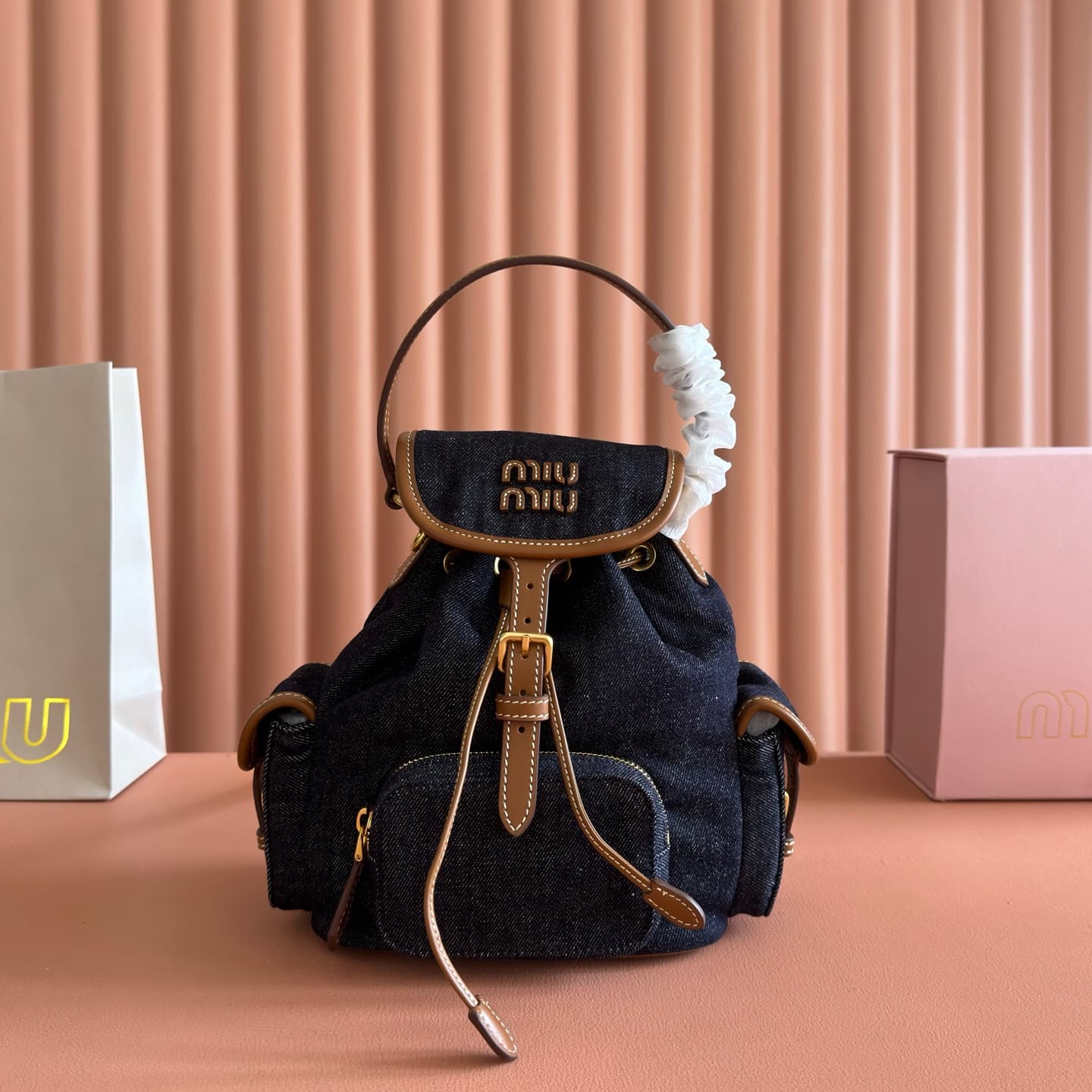Miu Miu Blue/brandy Denim Backpack 5bz043 TOP