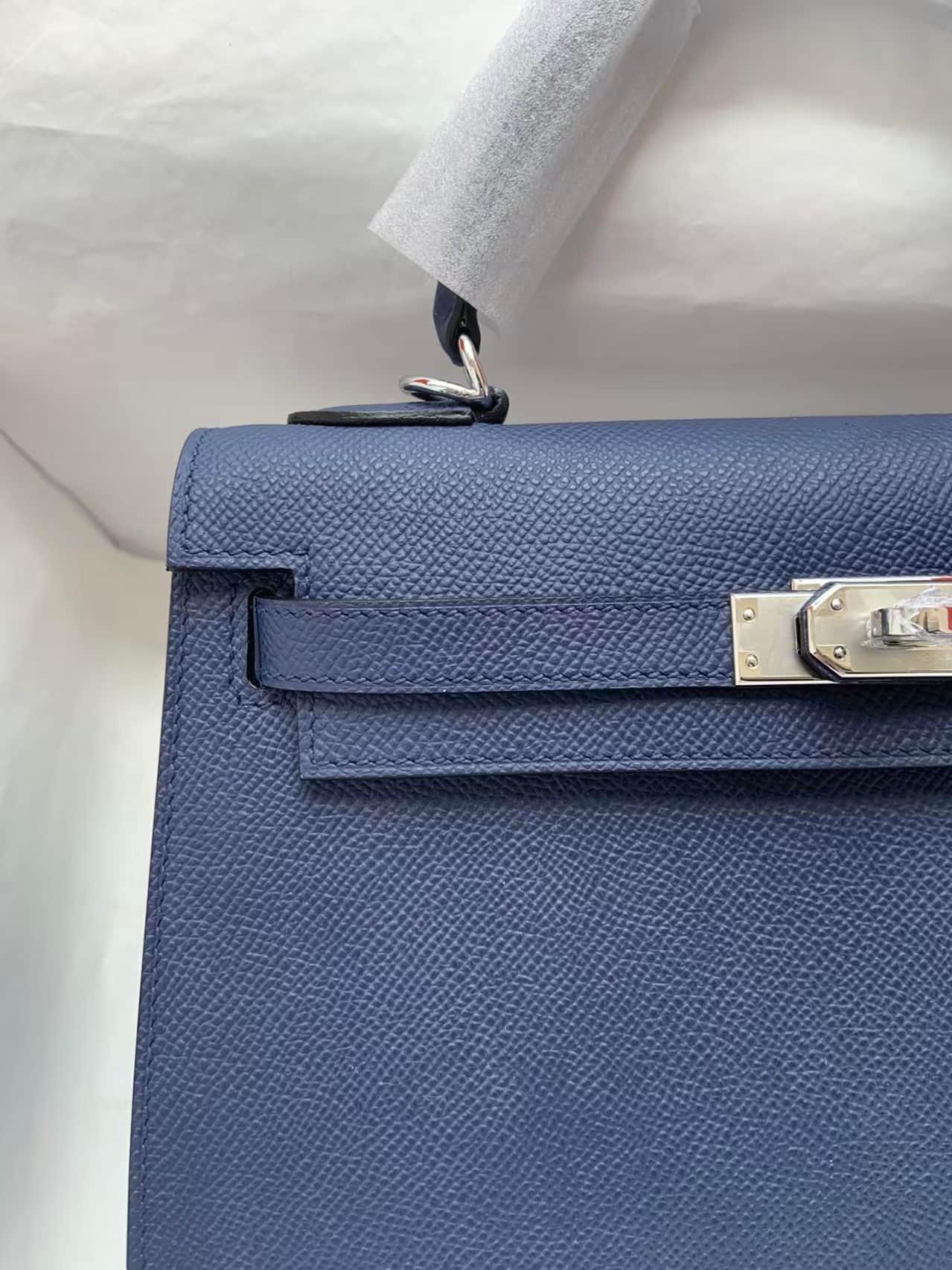 Hermes Kelly 25/28cm Sellier Bag Epsom Leather Silver/Gold Metal In Navy WAX High