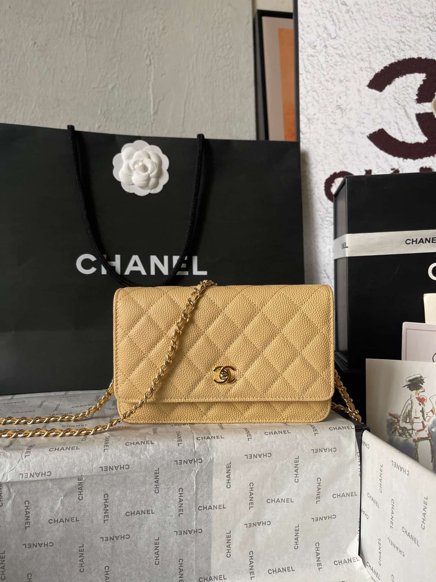 Chanel Classic Wallet on Chain Grained Shiny Calfskin & Gold-Tone Metal AP4241 Beige A