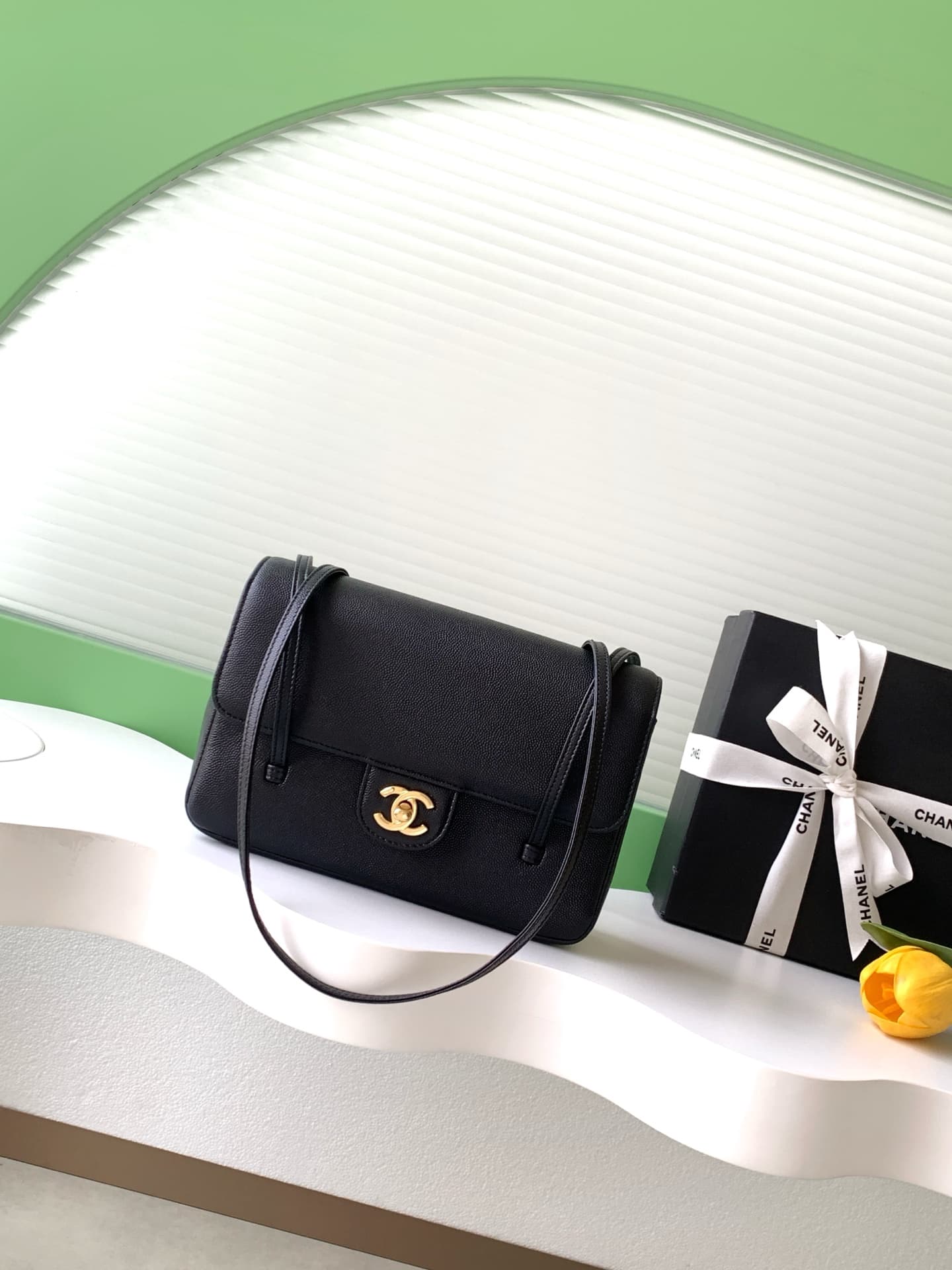 Chanel Small Flap Bag Grained Shiny Calfskin & Gold-Tone Metal AS6130 Black High