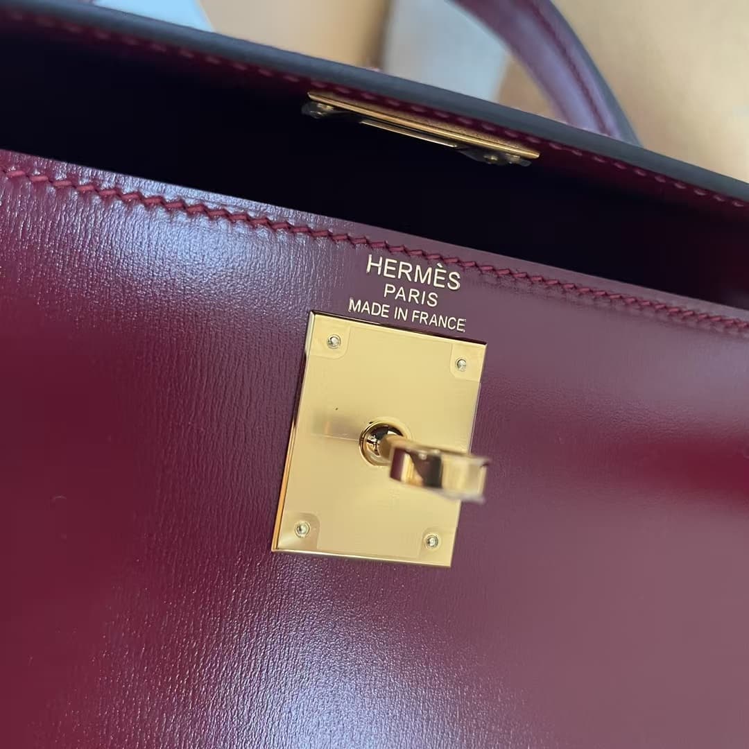 Hermes Kelly 25/28/32cm Sellier Bag Box Leather In Burgundy WAX High Customizing style
