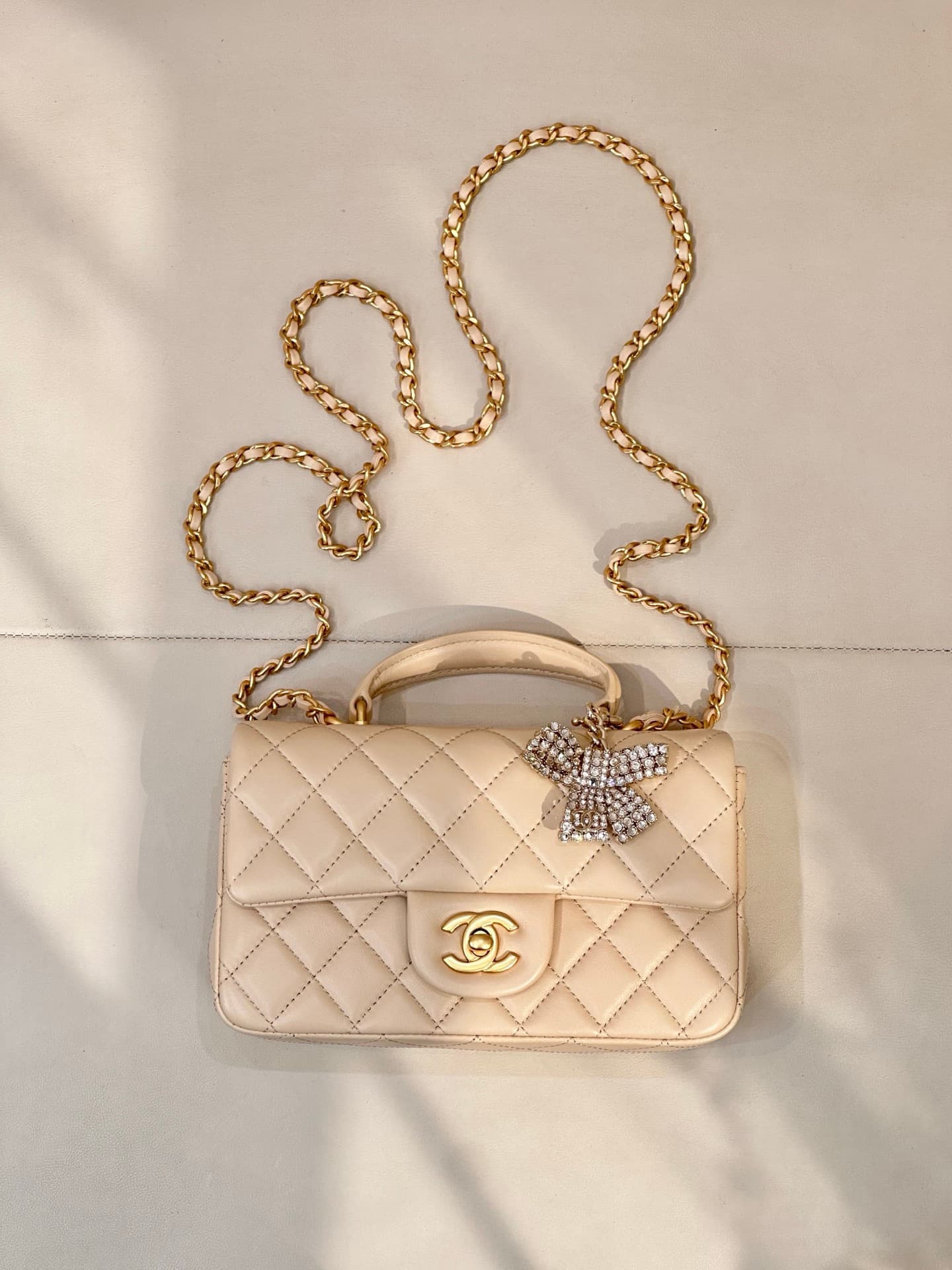 Chanel Mini Classic Handbag Lambskin Strass & Gold-Tone Metal AS2431 beige TOP