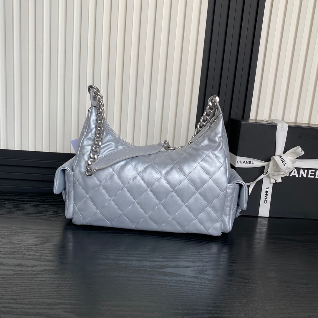 Chanel Trendy Pockets Hobo Bag Lambskin & Silver Metal Silver AS5302 A