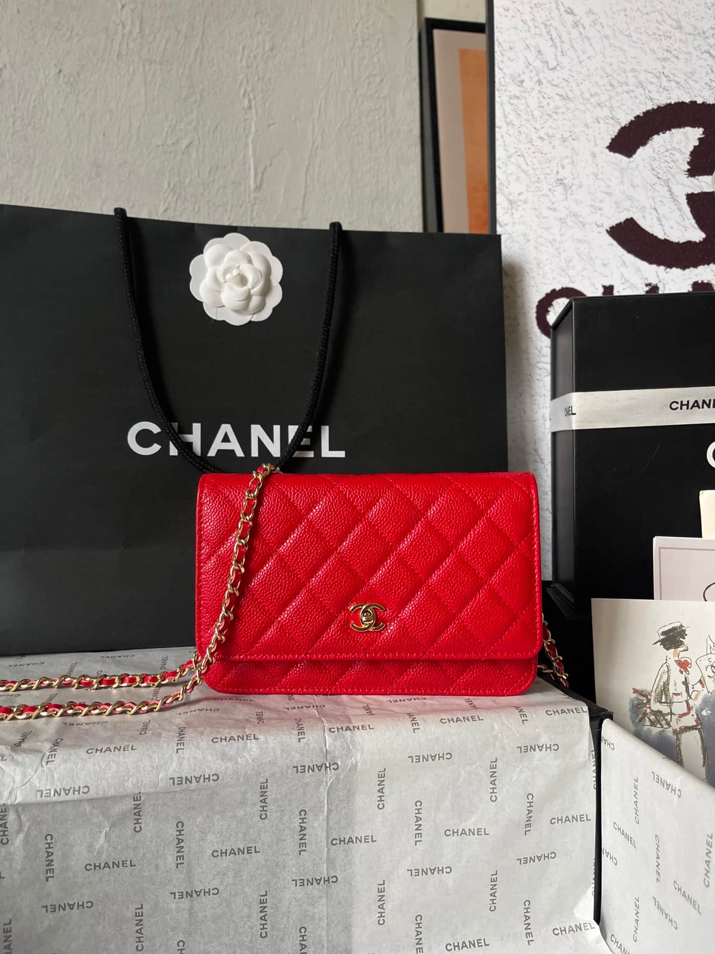Chanel Classic Wallet on Chain Grained Shiny Calfskin & Gold-Tone Metal AP4241 Red A