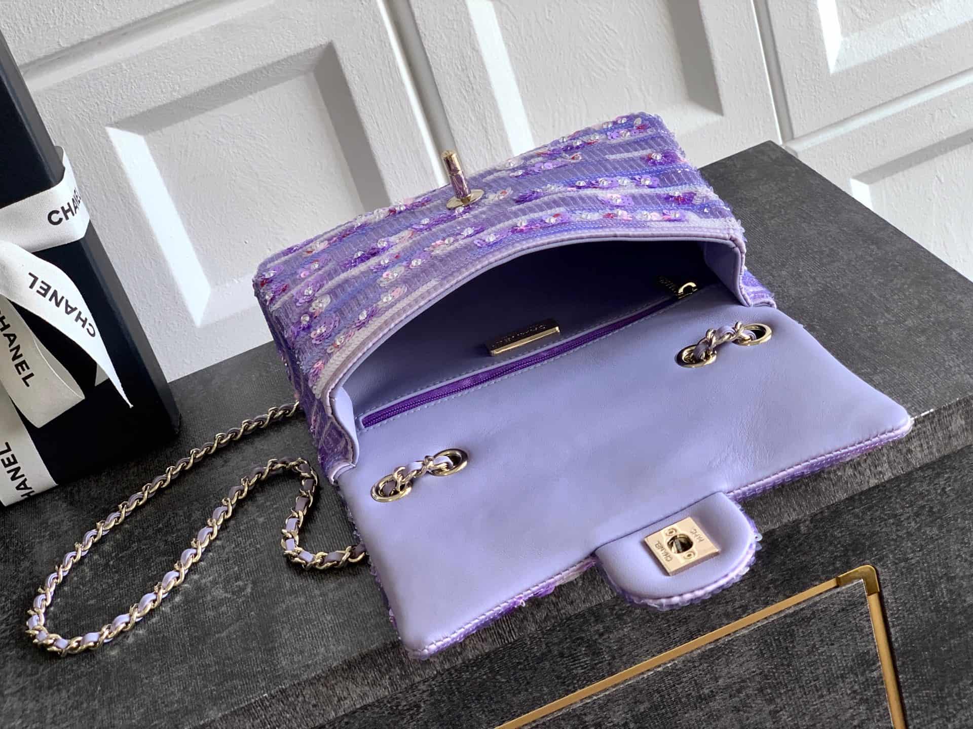Chanel Classic Mini Flap Bag Sequin Embroidery & Gold-Tone Metal Purple 6171 A