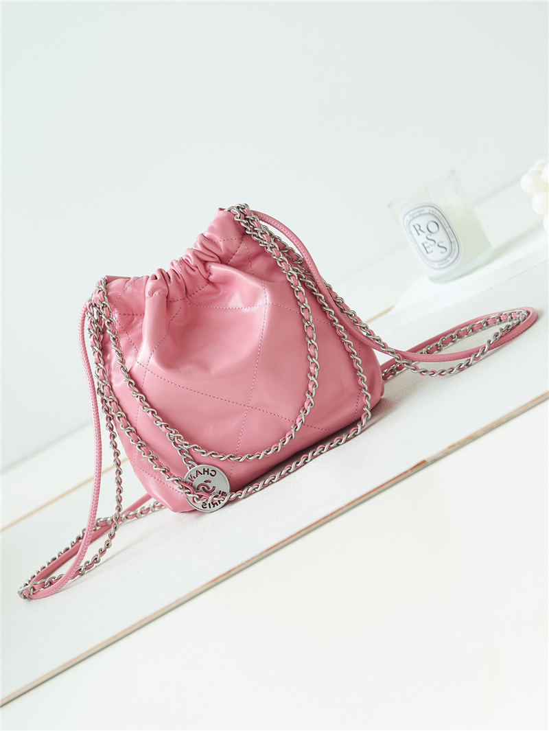 Chanel 22 MINI HANDBAG Shiny Calfskin Pink-Peach & Silver-Tone Metal AS3980 A